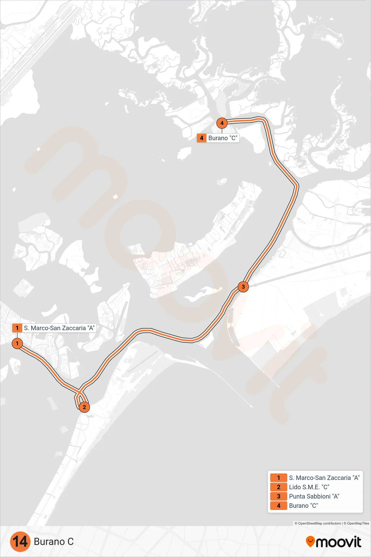 Linea 14 navigazione (Burano C) - Percorsi e fermate sulla mappa