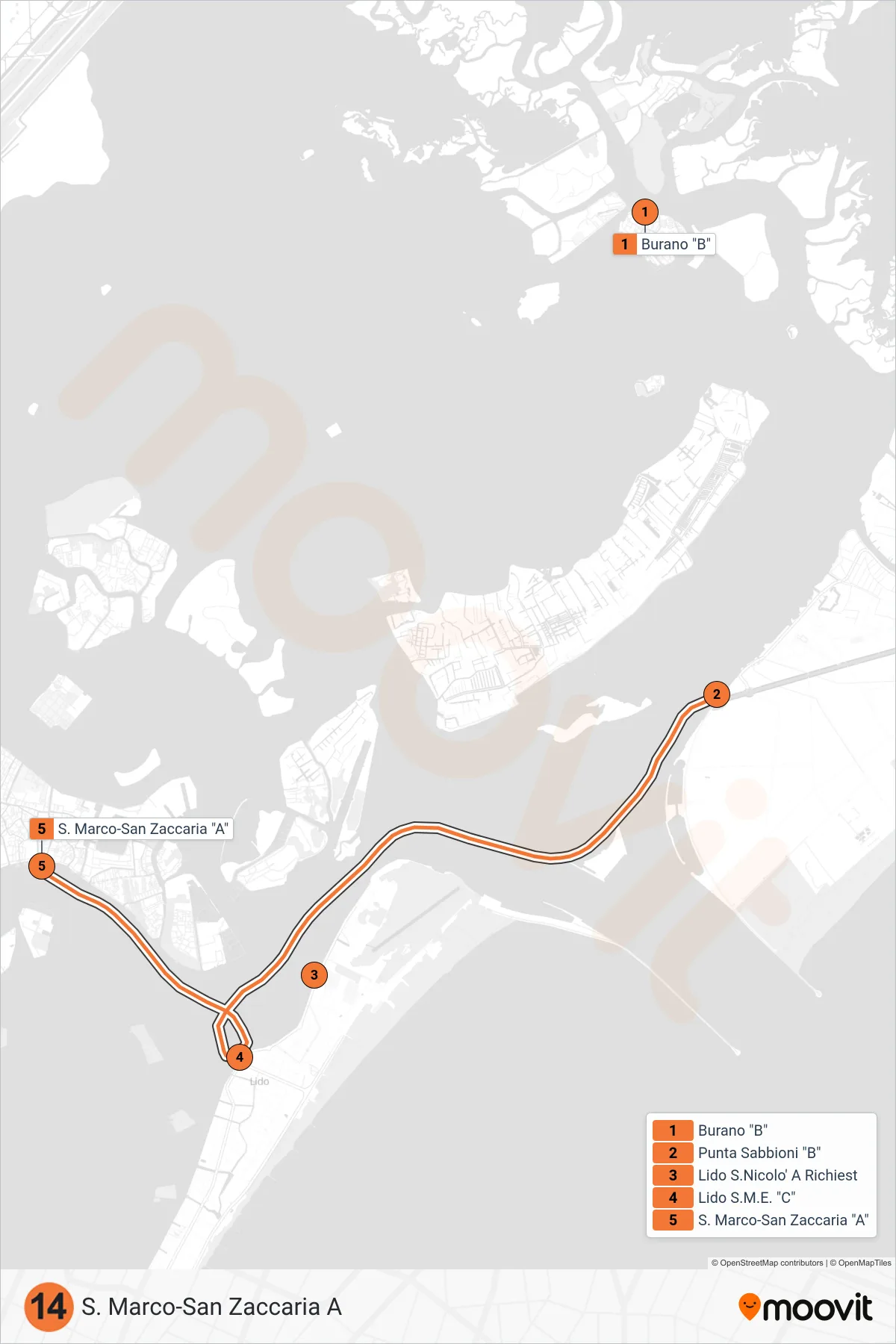14 ferry Line (St. Mark's-San Zaccaria A) route and stops on a map