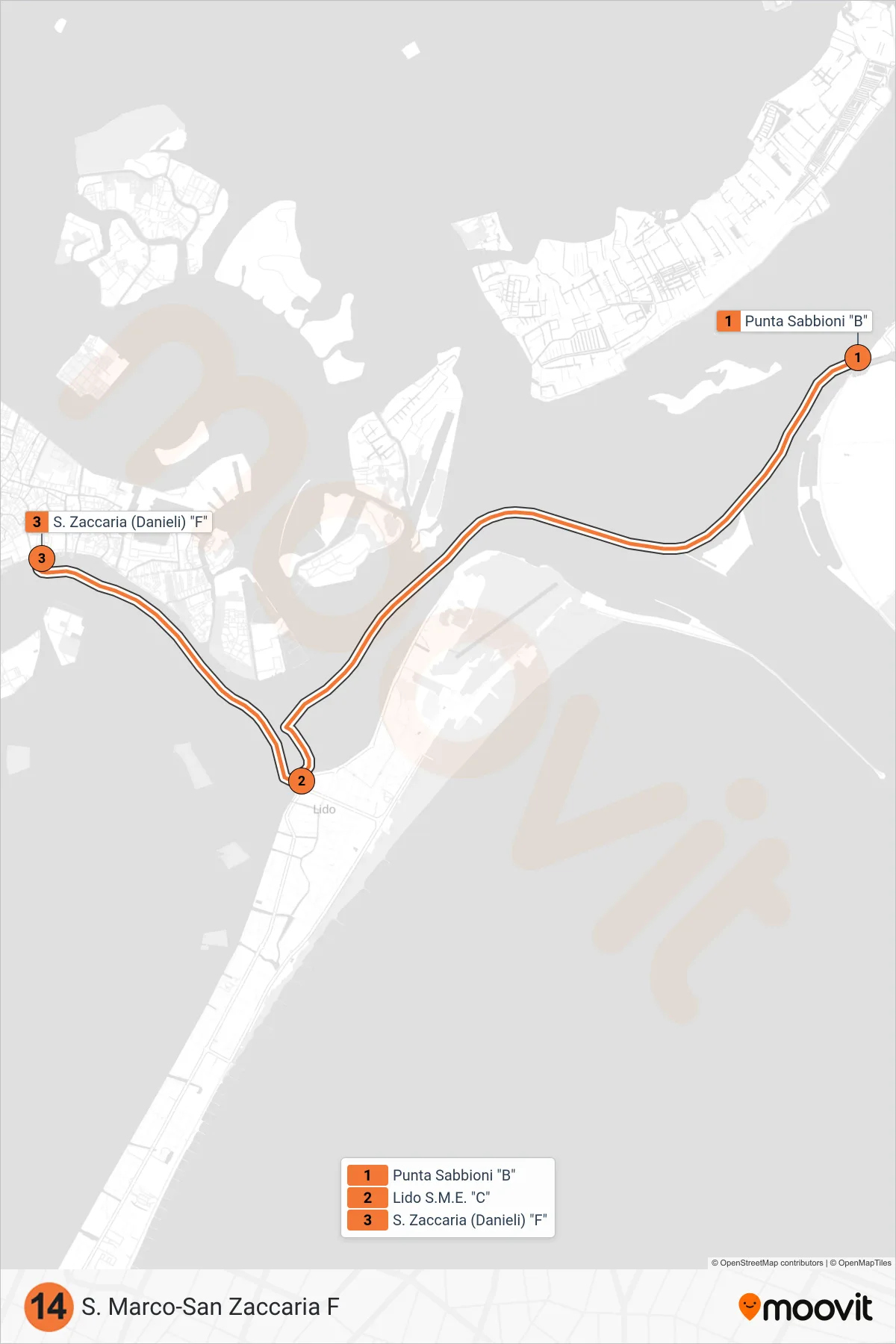 Linea 14 navigazione (S. Marco-San Zaccaria F) - Percorsi e fermate sulla mappa