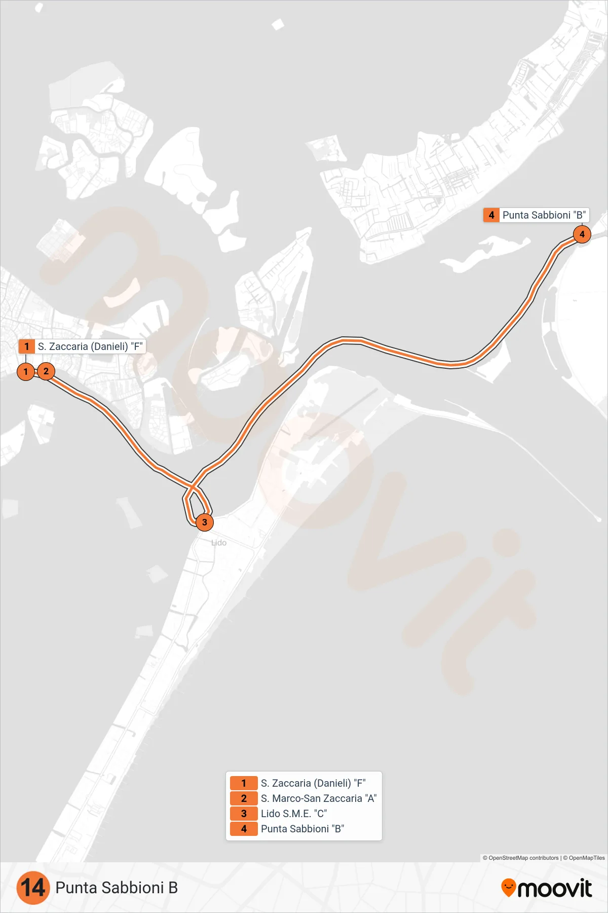 Linea 14  navigazione (Punta Sabbioni B) - Percorsi e fermate sulla mappa
