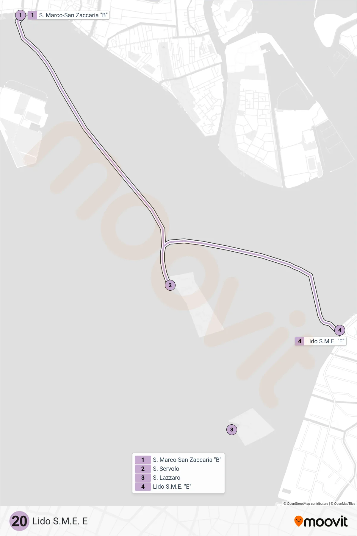 20 ferry Line (Lido S.M.E. E) route and stops on a map