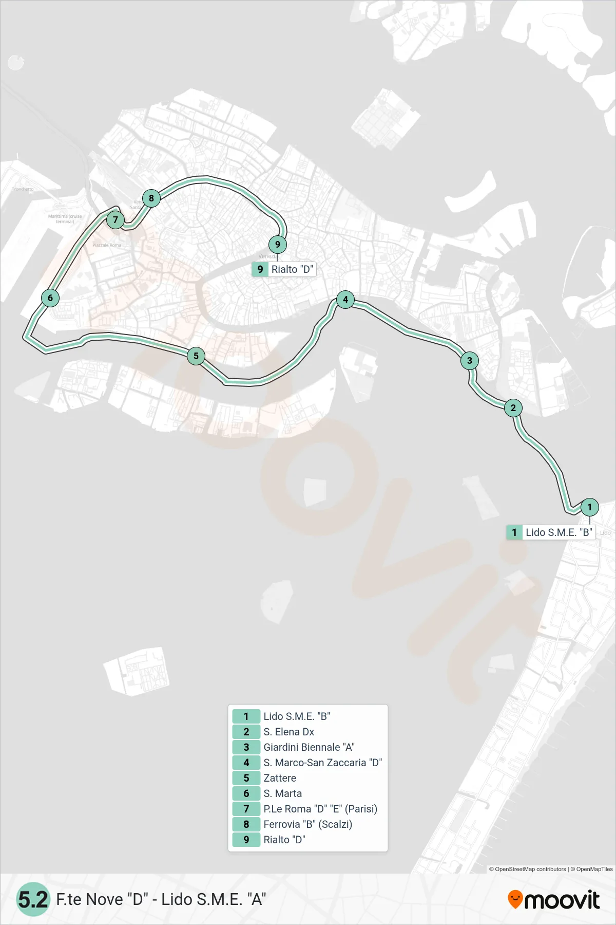 Linea 5.2 navigazione (Rialto D) - Percorsi e fermate sulla mappa