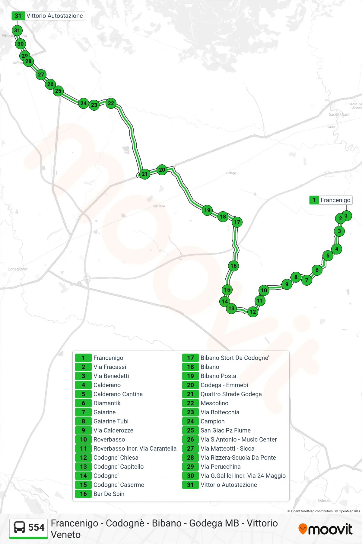 Linea 554 bus (Vittorio Autostazione) - Percorsi e fermate sulla mappa