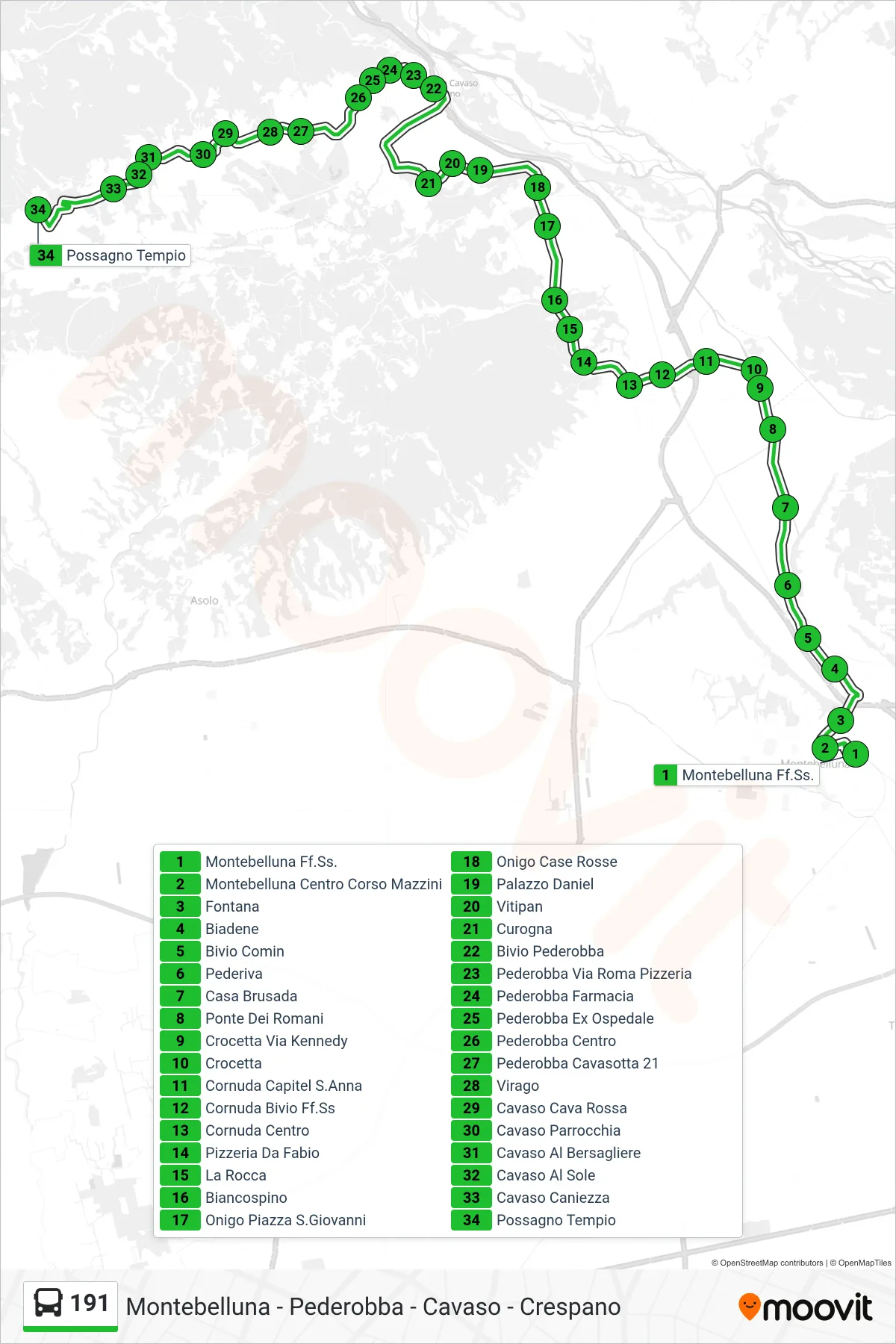 Linea 191  bus (Possagno Tempio) - Percorsi e fermate sulla mappa
