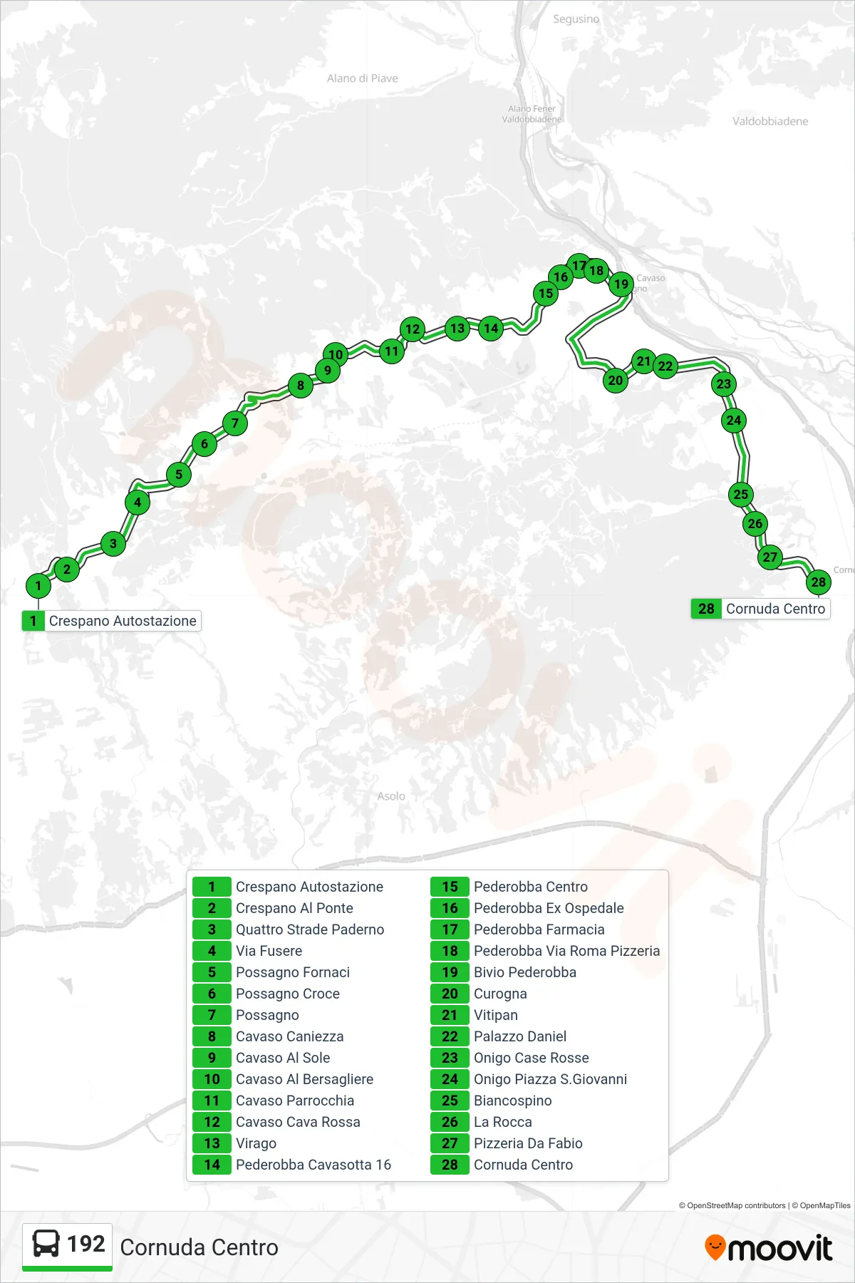 Linea 192  bus (Cornuda Centro) - Percorsi e fermate sulla mappa