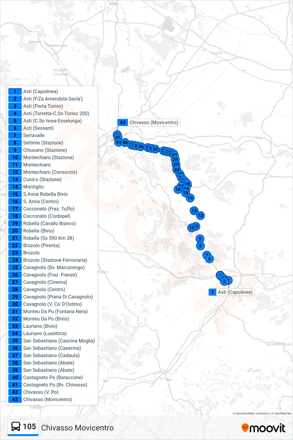 Linea 105 bus (Chivasso Movicentro) - Percorsi e fermate sulla mappa