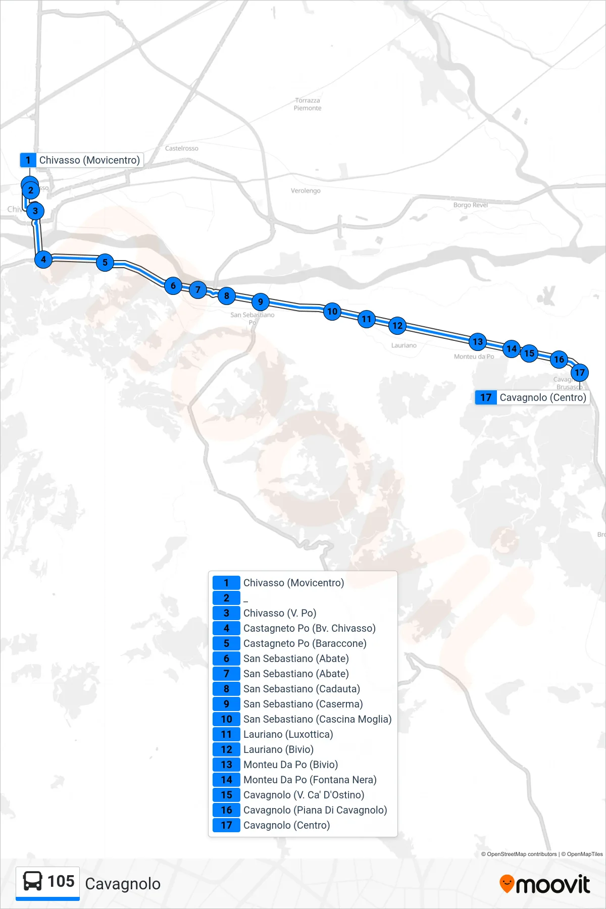 Linea 105 bus (Cavagnolo) - Percorsi e fermate sulla mappa