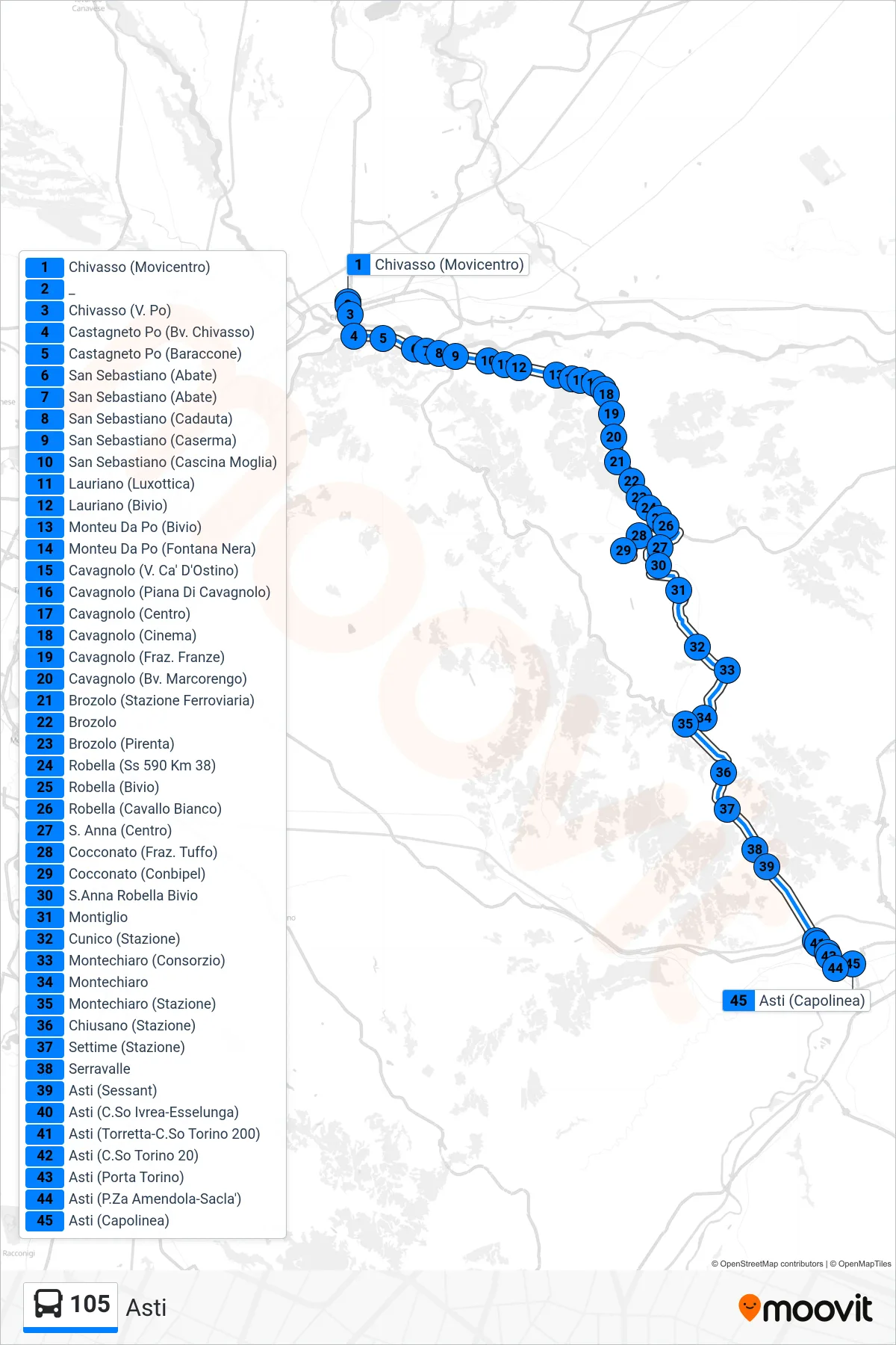 Linea 105  bus (Asti) - Percorsi e fermate sulla mappa