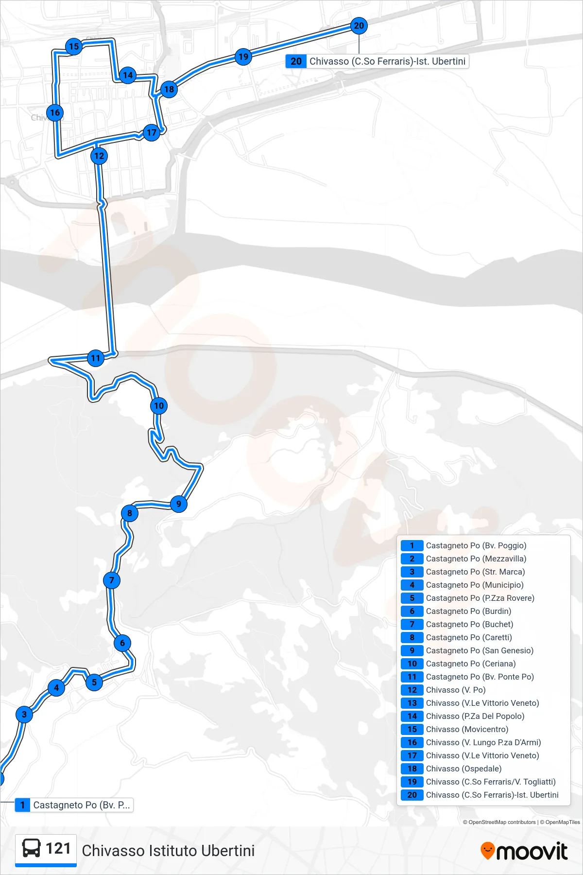 Linea 121 bus (Chivasso Istituto Ubertini) - Percorsi e fermate sulla mappa