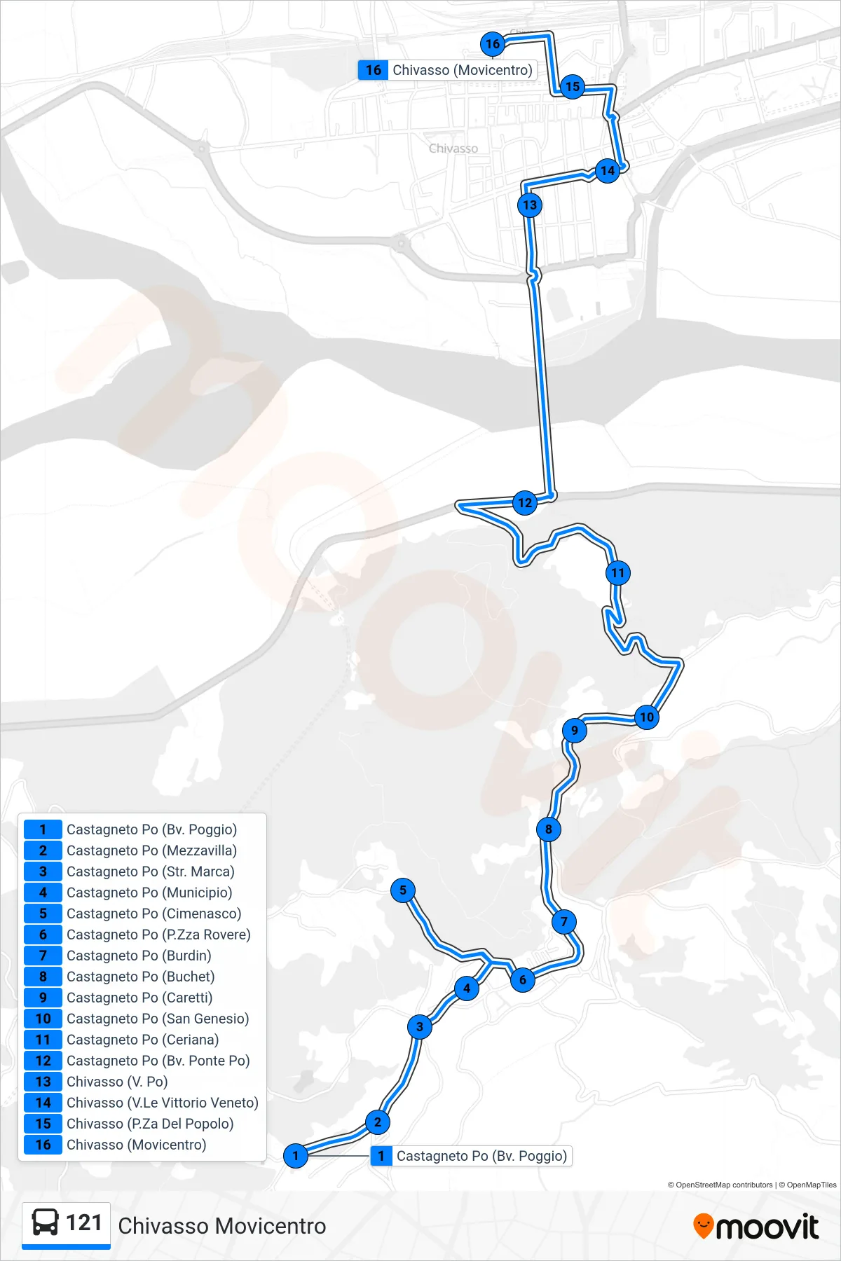 Linea 121  bus (Chivasso Movicentro) - Percorsi e fermate sulla mappa