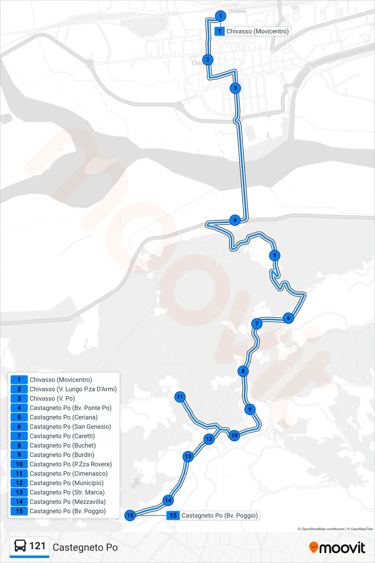 Linea 121 bus (Castegneto Po) - Percorsi e fermate sulla mappa