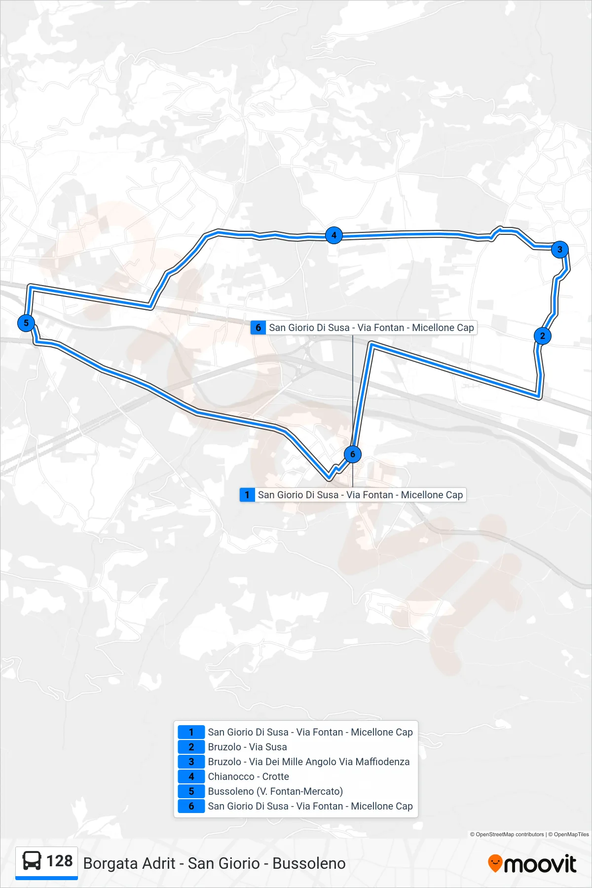 Linea 128 bus (Bruzolo) - Percorsi e fermate sulla mappa