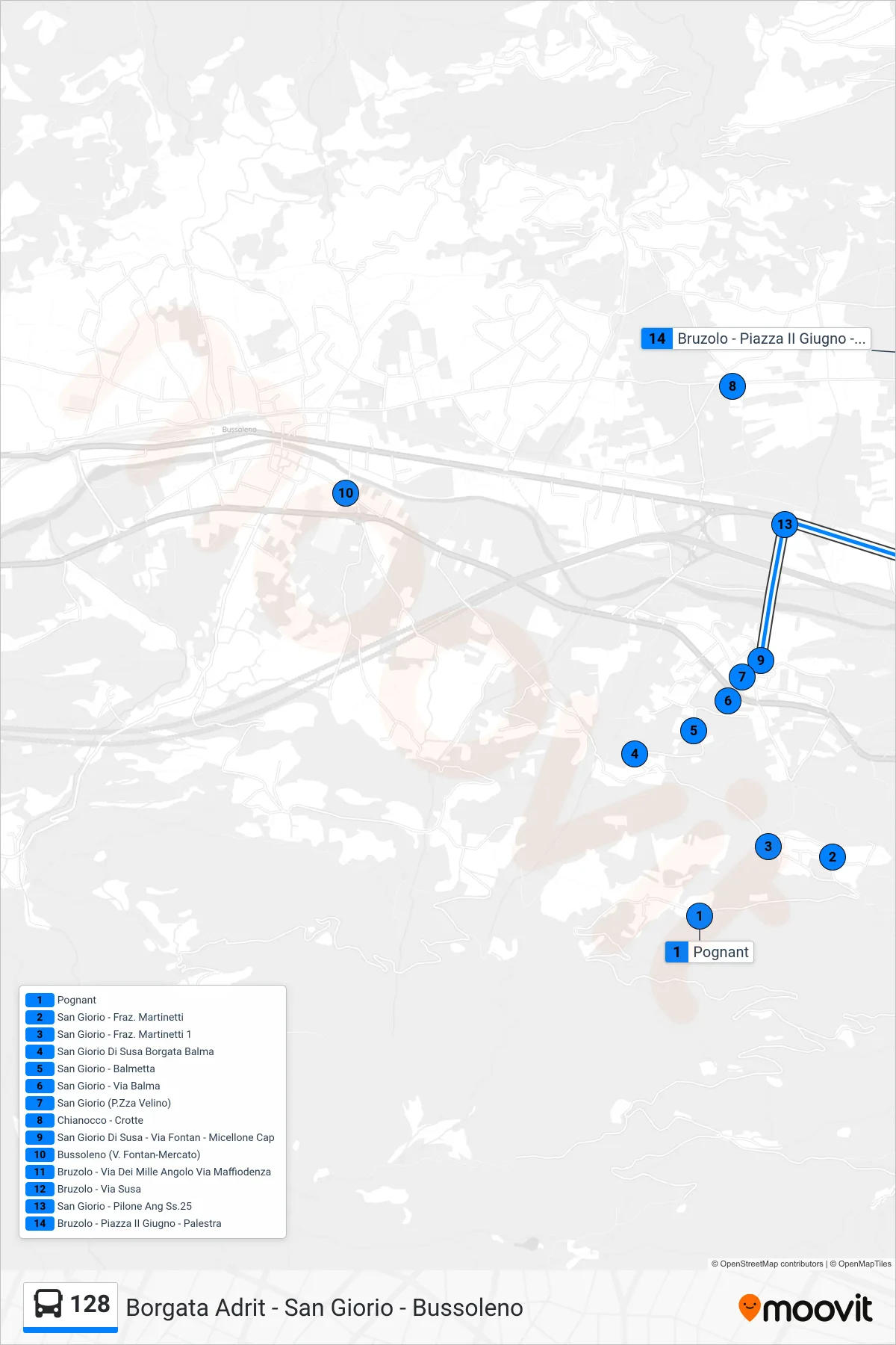 Linea 128 bus (Bruzolo) - Percorsi e fermate sulla mappa