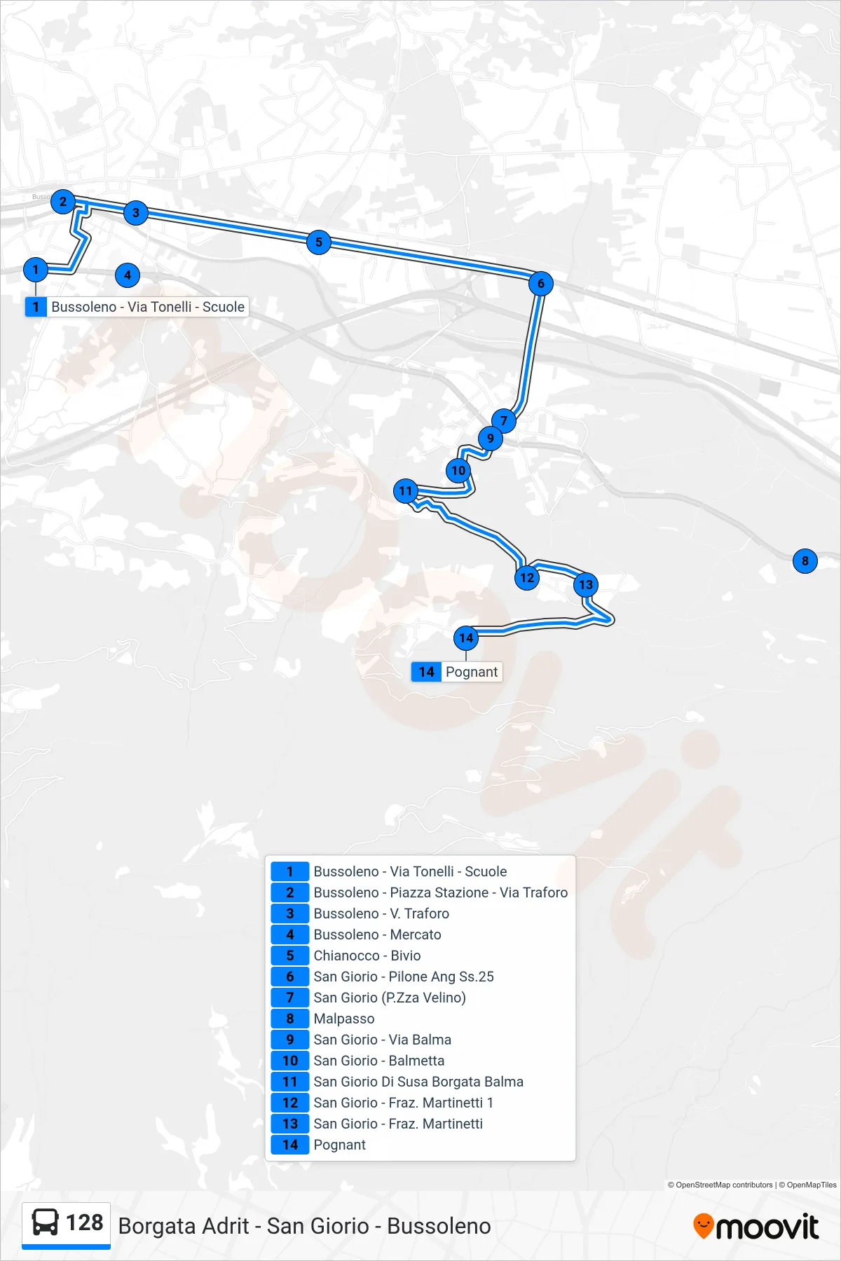 Linea 128 bus (Pognant) - Percorsi e fermate sulla mappa