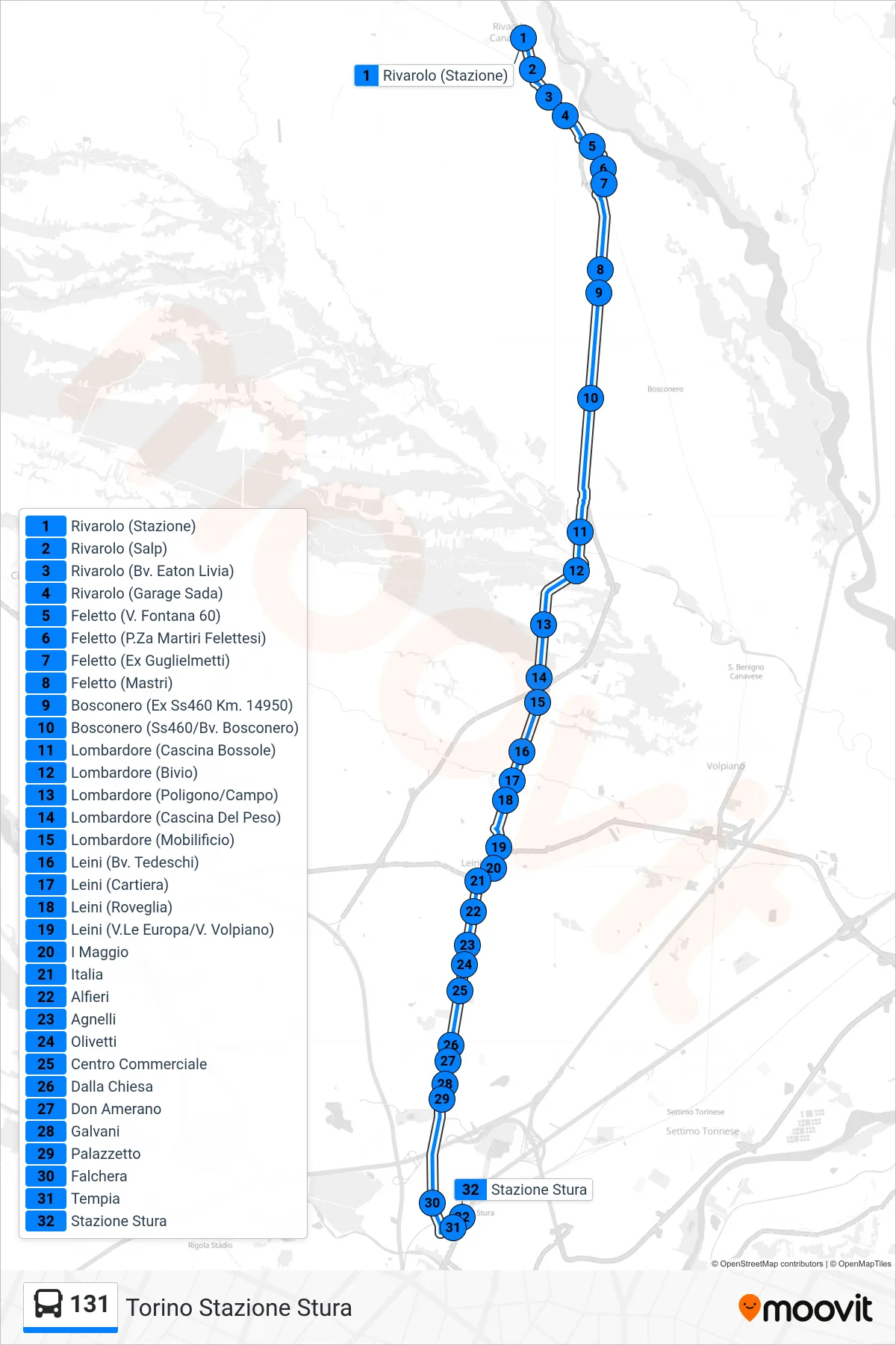Linea 131  bus (Torino Stazione Stura) - Percorsi e fermate sulla mappa