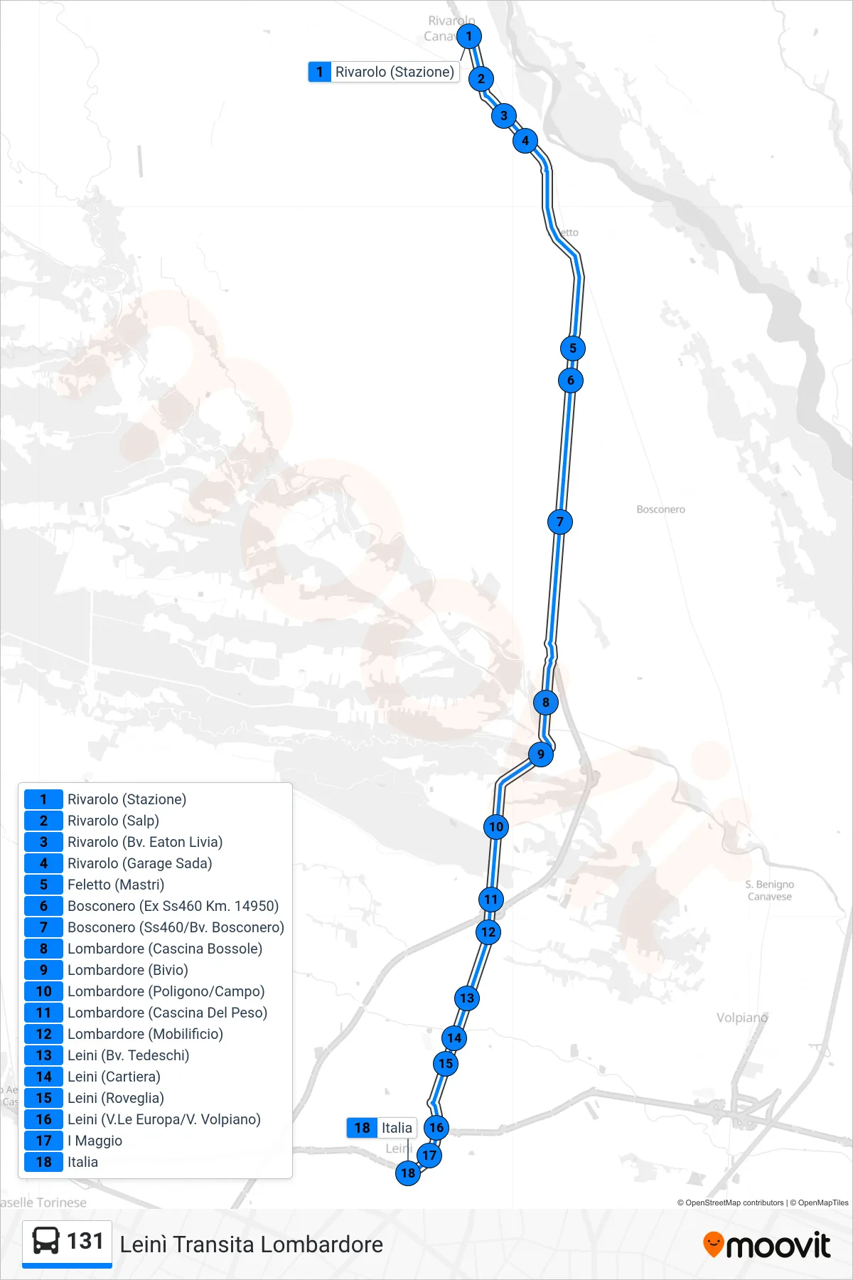 Linea 131 bus (Leinì Transita Lombardore) - Percorsi e fermate sulla mappa