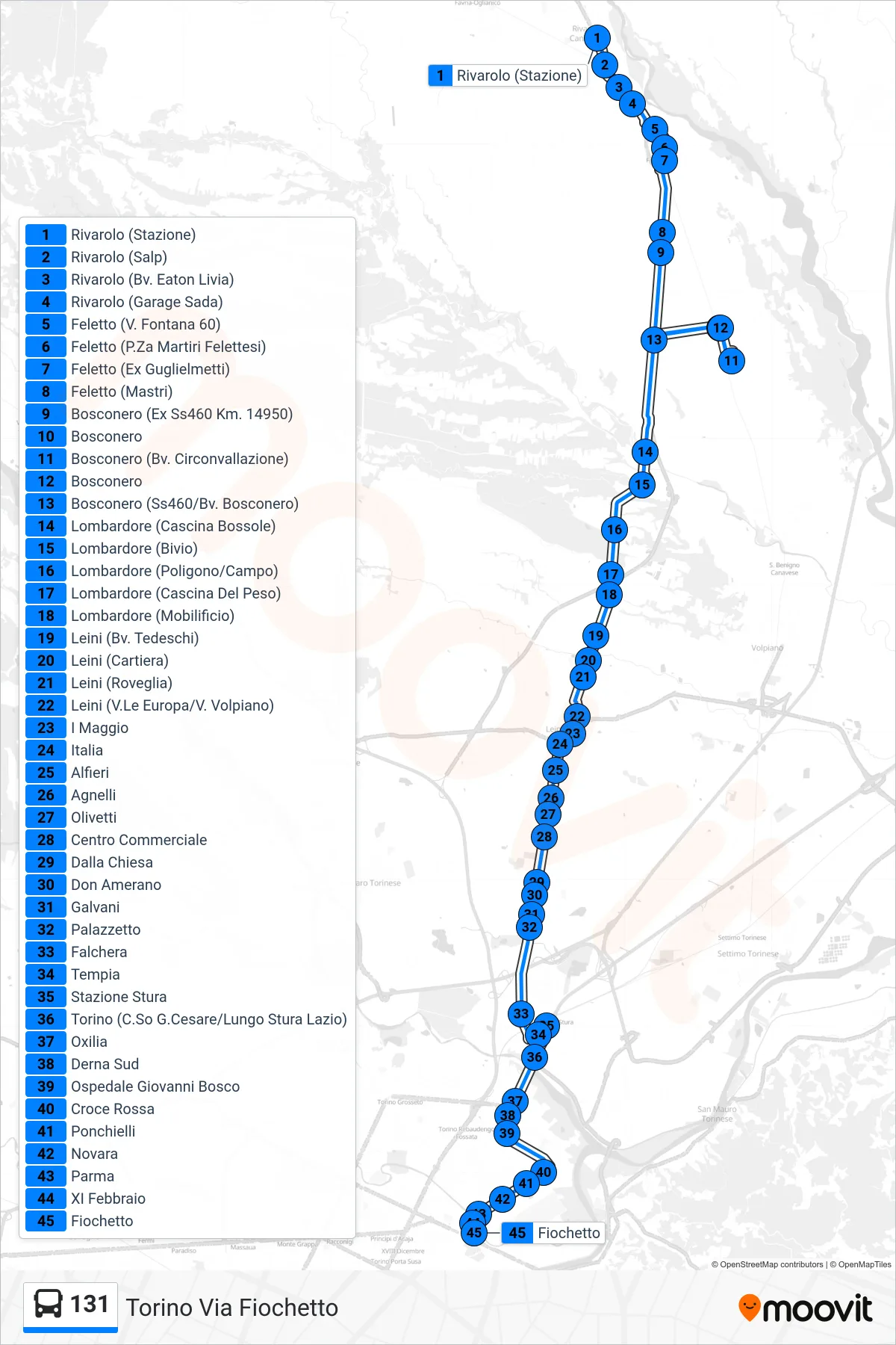 Linea 131  bus (Torino Via Fiochetto) - Percorsi e fermate sulla mappa