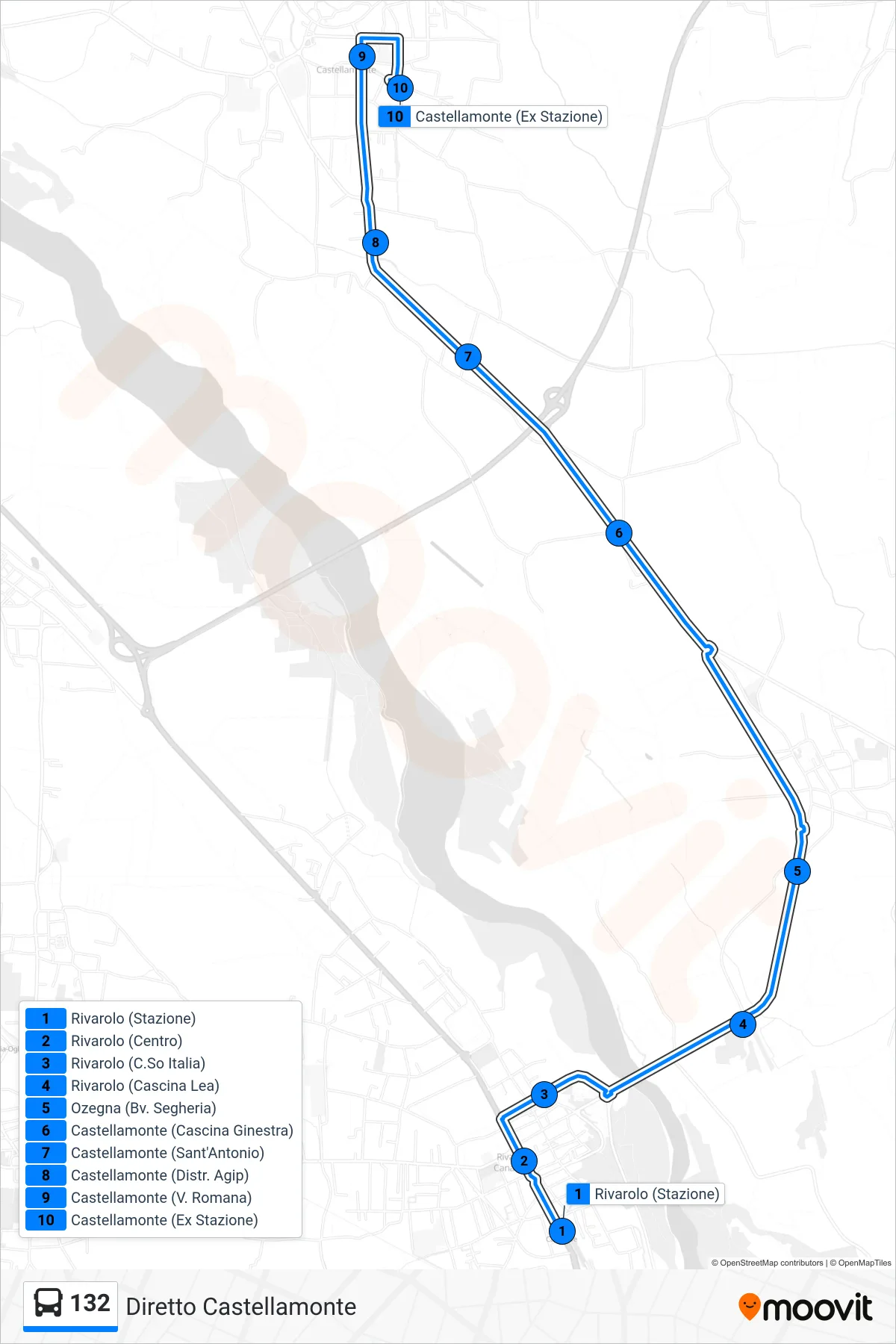 Linea 132 bus (Diretto Castellamonte) - Percorsi e fermate sulla mappa