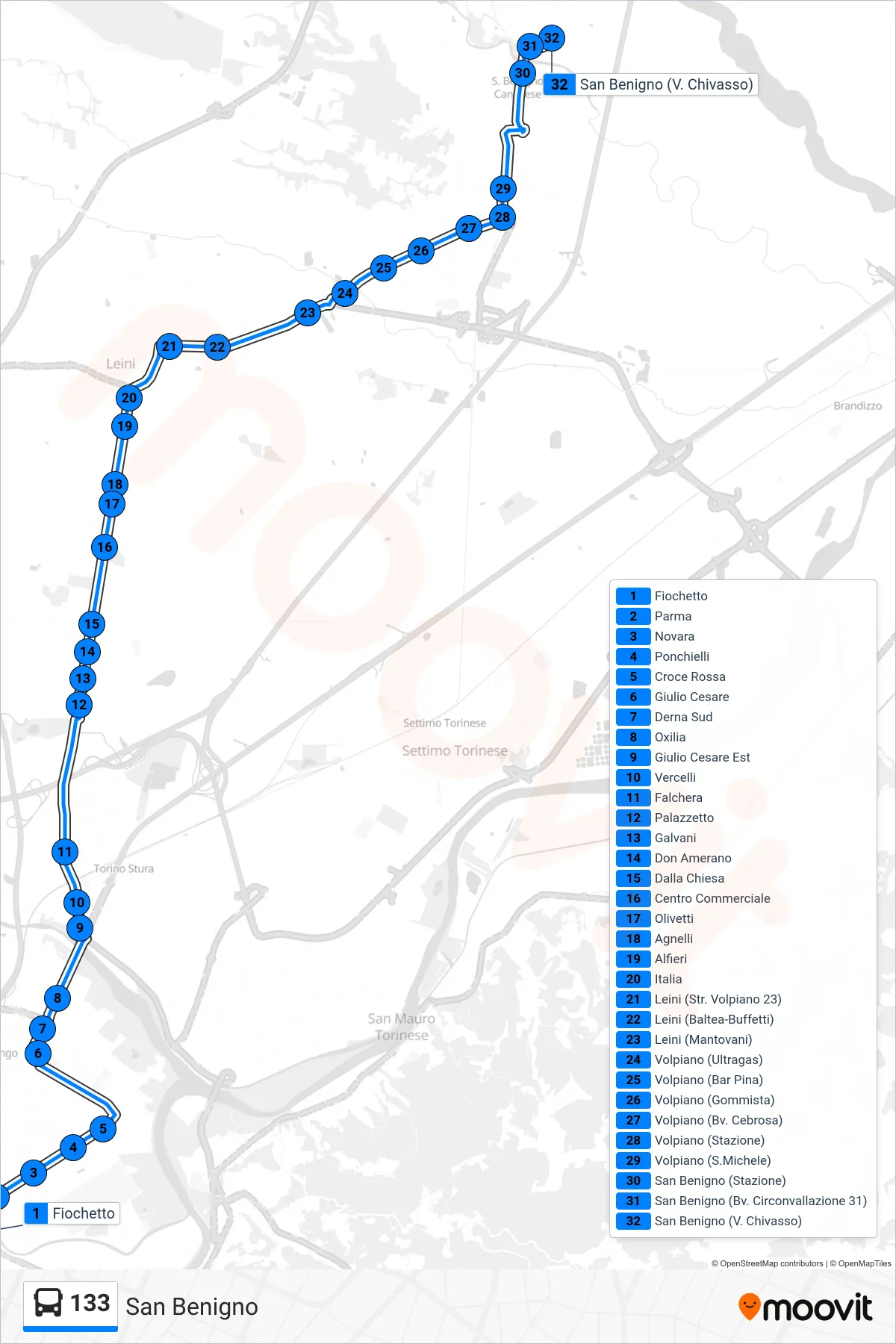 Linea 133 bus (San Benigno) - Percorsi e fermate sulla mappa