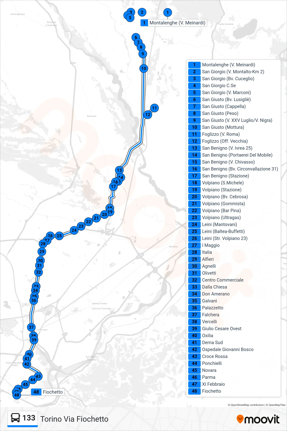 Linea 133 bus (Torino Via Fiochetto) - Percorsi e fermate sulla mappa