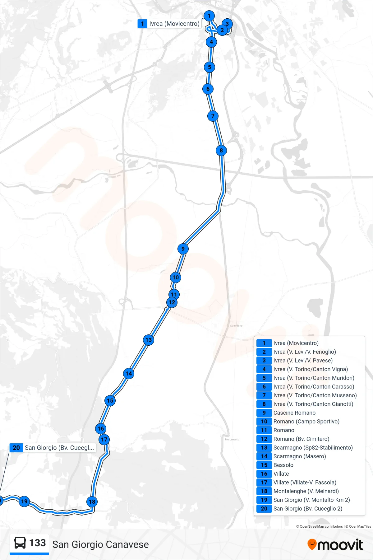 Linea 133 bus (San Giorgio Canavese) - Percorsi e fermate sulla mappa