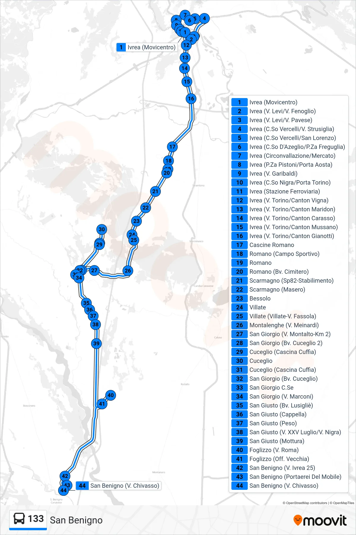 Linea 133  bus (San Benigno) - Percorsi e fermate sulla mappa