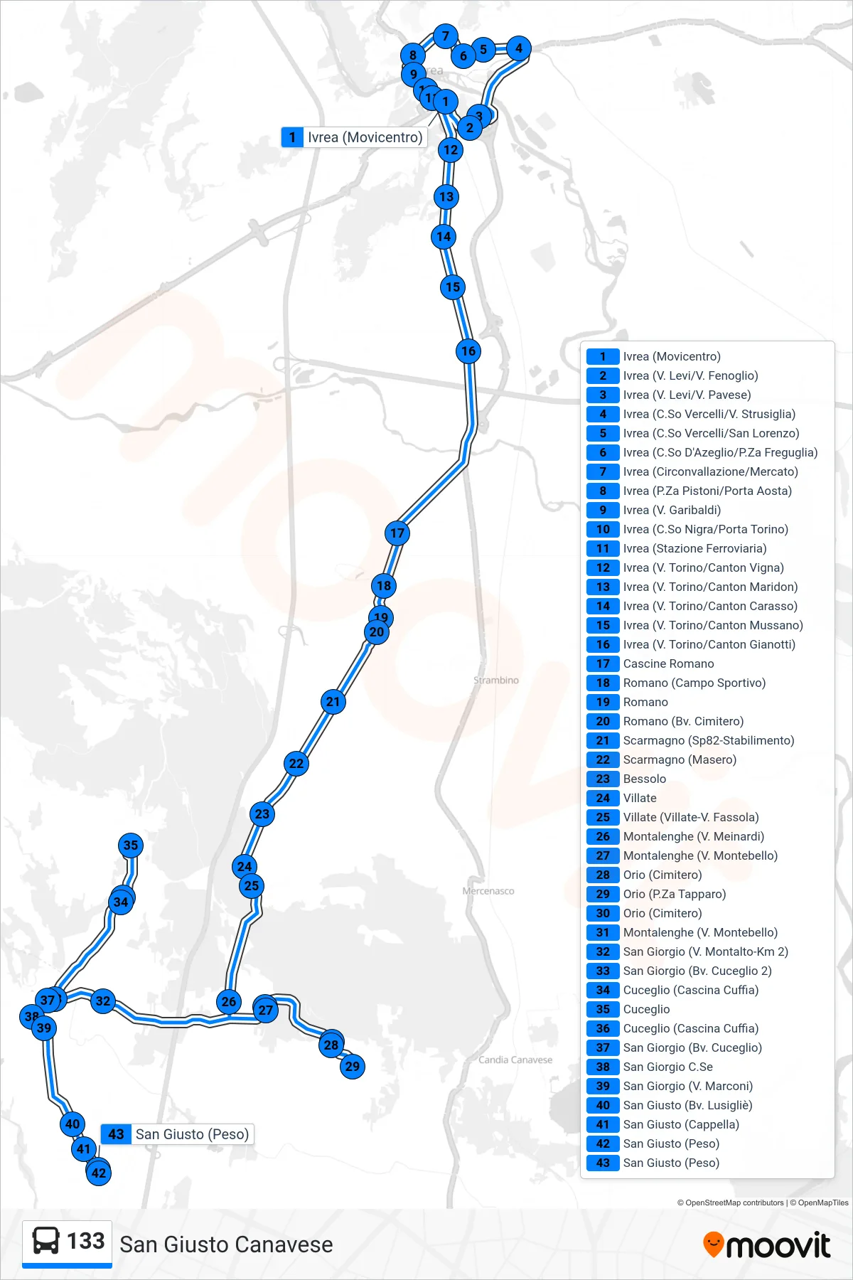Linea 133  bus (San Giusto Canavese) - Percorsi e fermate sulla mappa