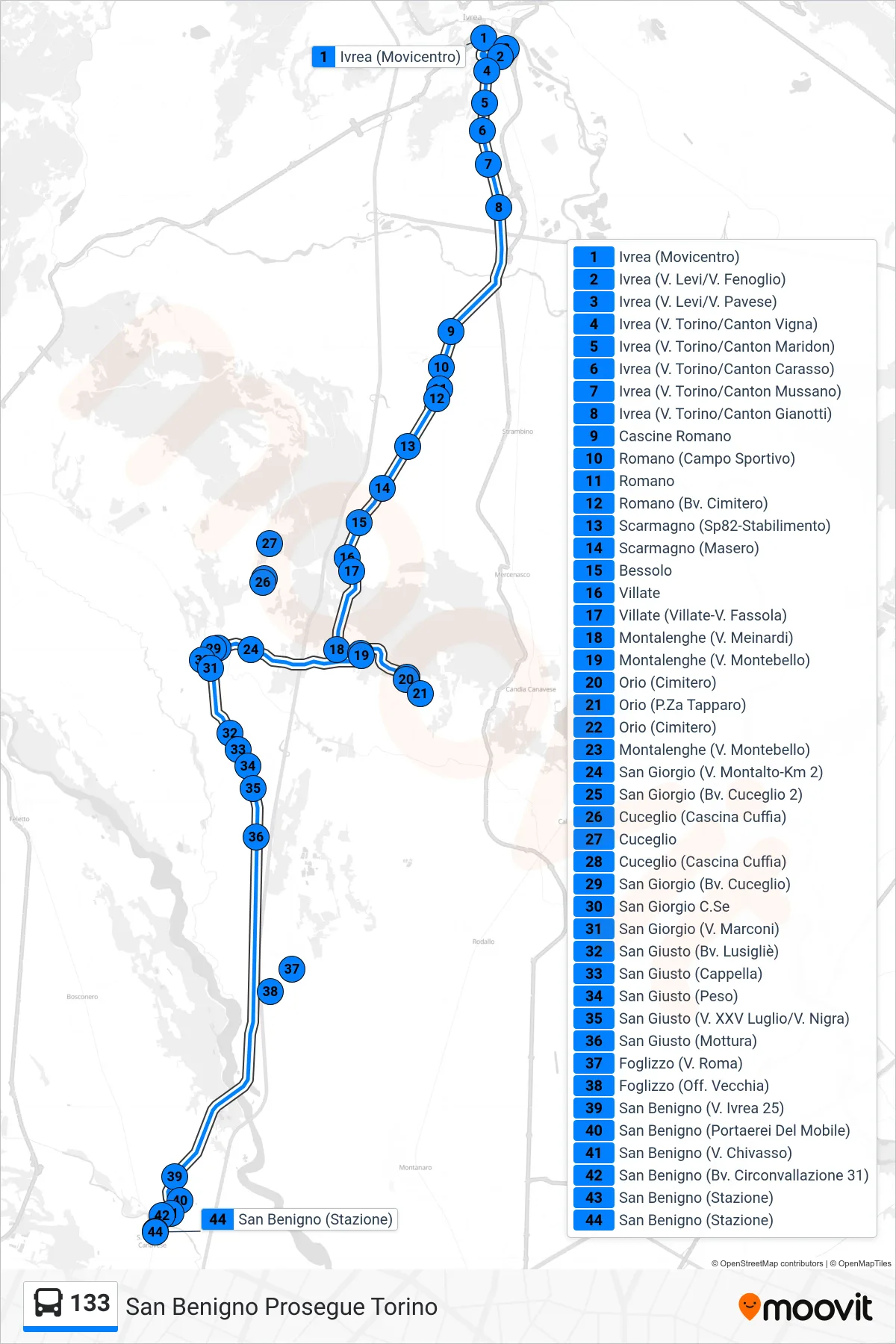 133 bus Line (San Benigno Continues to Turin) route and stops on a map