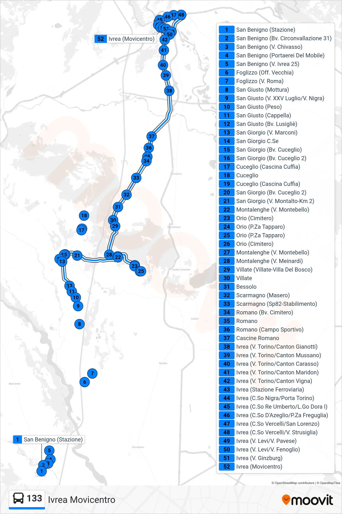 Linea 133 bus (Ivrea Movicentro) - Percorsi e fermate sulla mappa