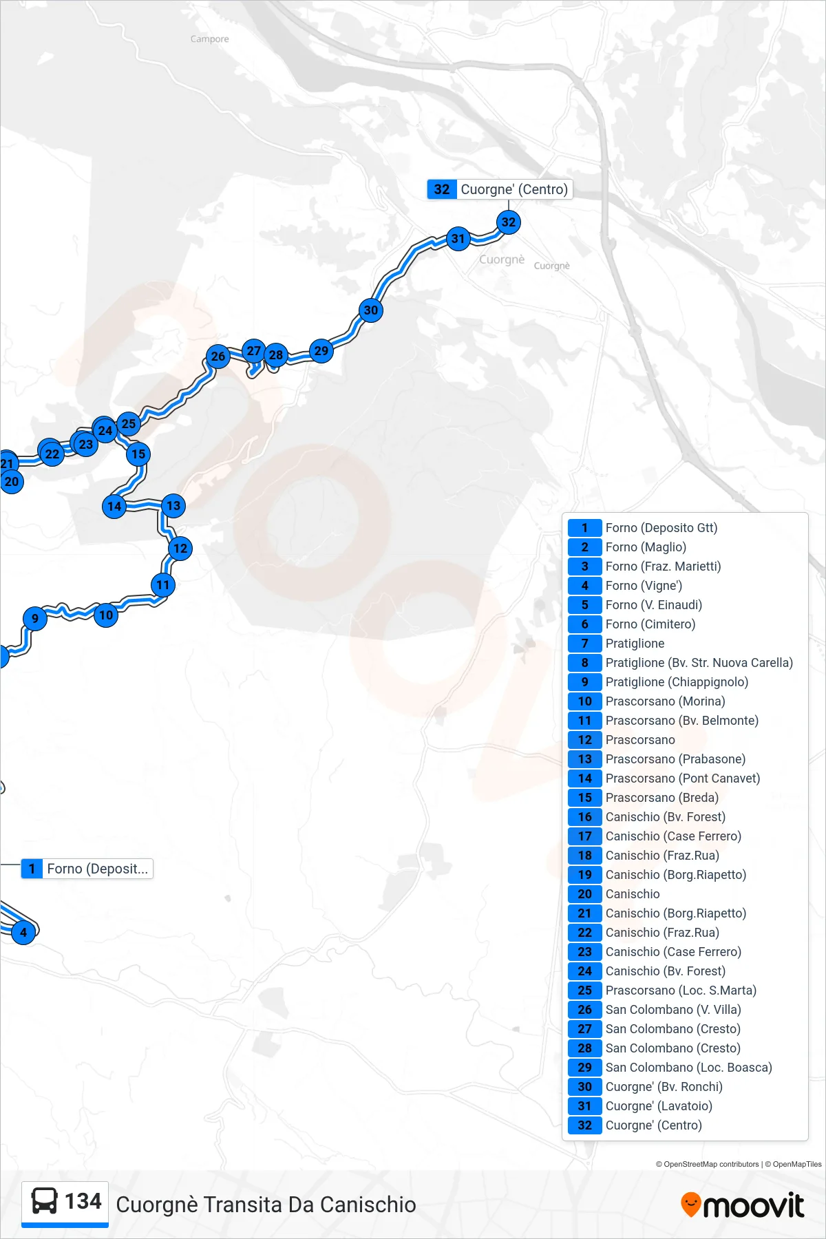 Linea 134 bus (Cuorgnè Transita Da Canischio) - Percorsi e fermate sulla mappa