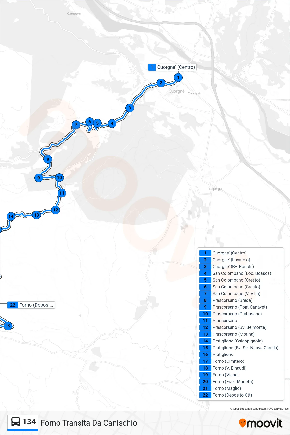 Linea 134  bus (Forno Transita Da Canischio) - Percorsi e fermate sulla mappa