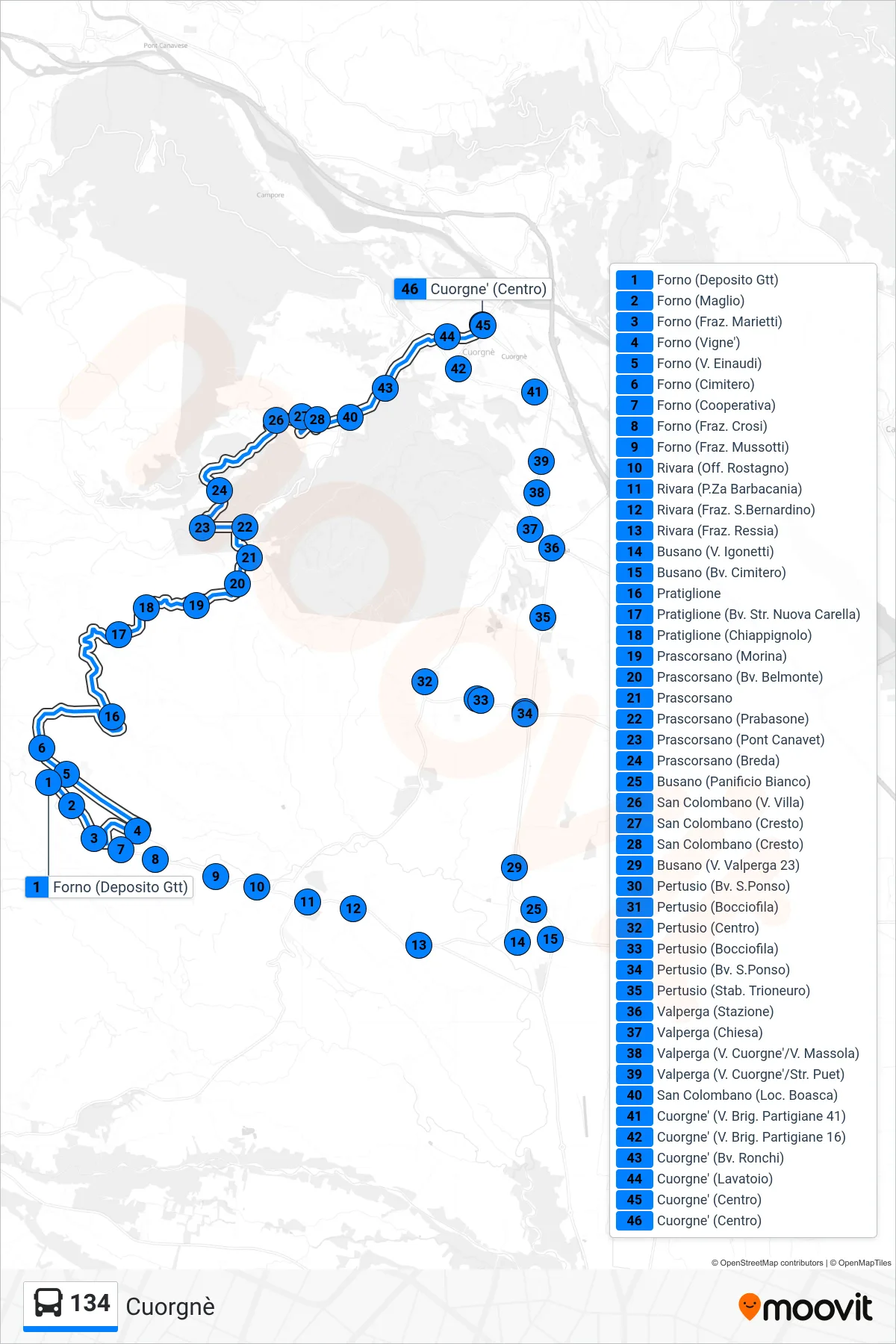 Linea 134  bus (Cuorgnè) - Percorsi e fermate sulla mappa