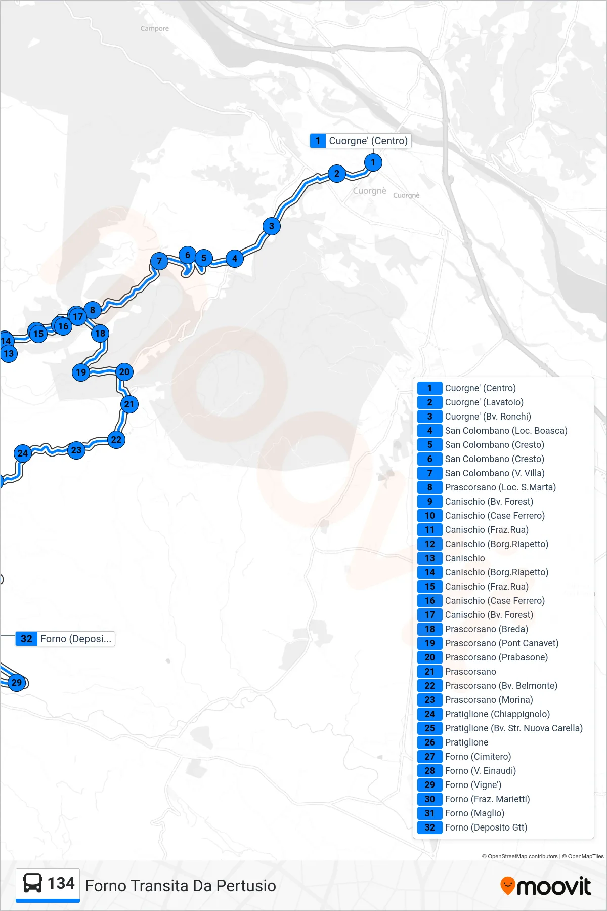 Linea 134  bus (Forno Transita Da Pertusio) - Percorsi e fermate sulla mappa