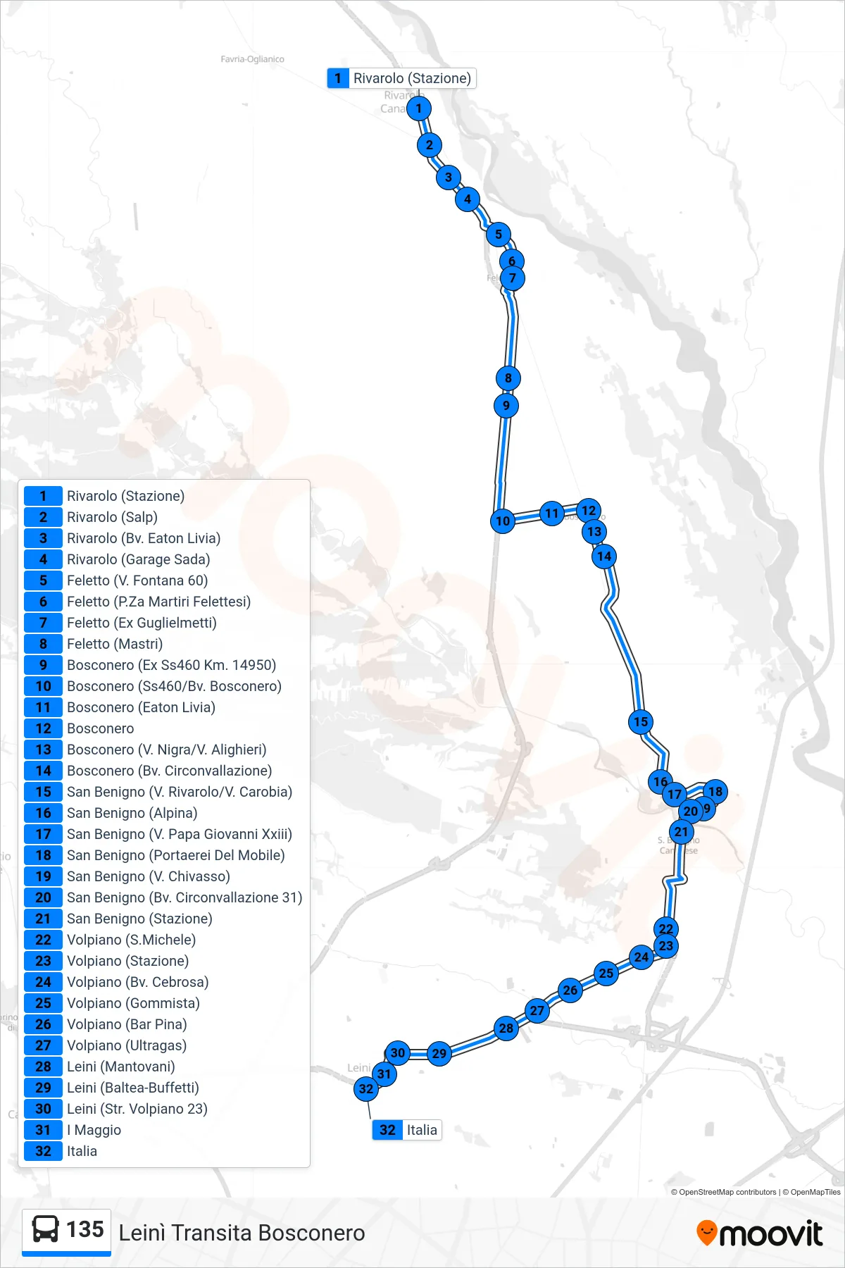 Linea 135  bus (Leinì Transita Bosconero) - Percorsi e fermate sulla mappa