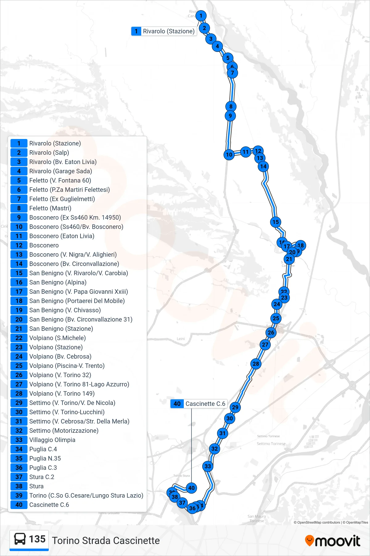 Linea 135 bus (Torino Strada Cascinette) - Percorsi e fermate sulla mappa