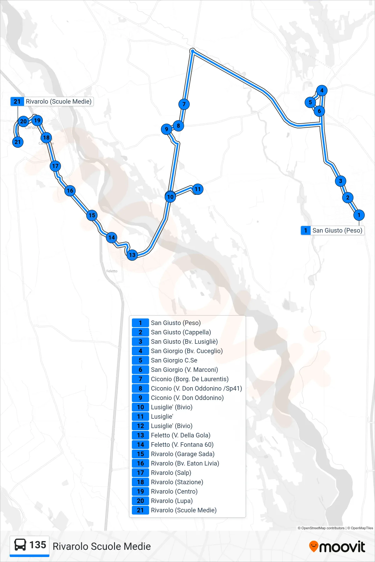 Linea 135 bus (Rivarolo Scuole Medie) - Percorsi e fermate sulla mappa