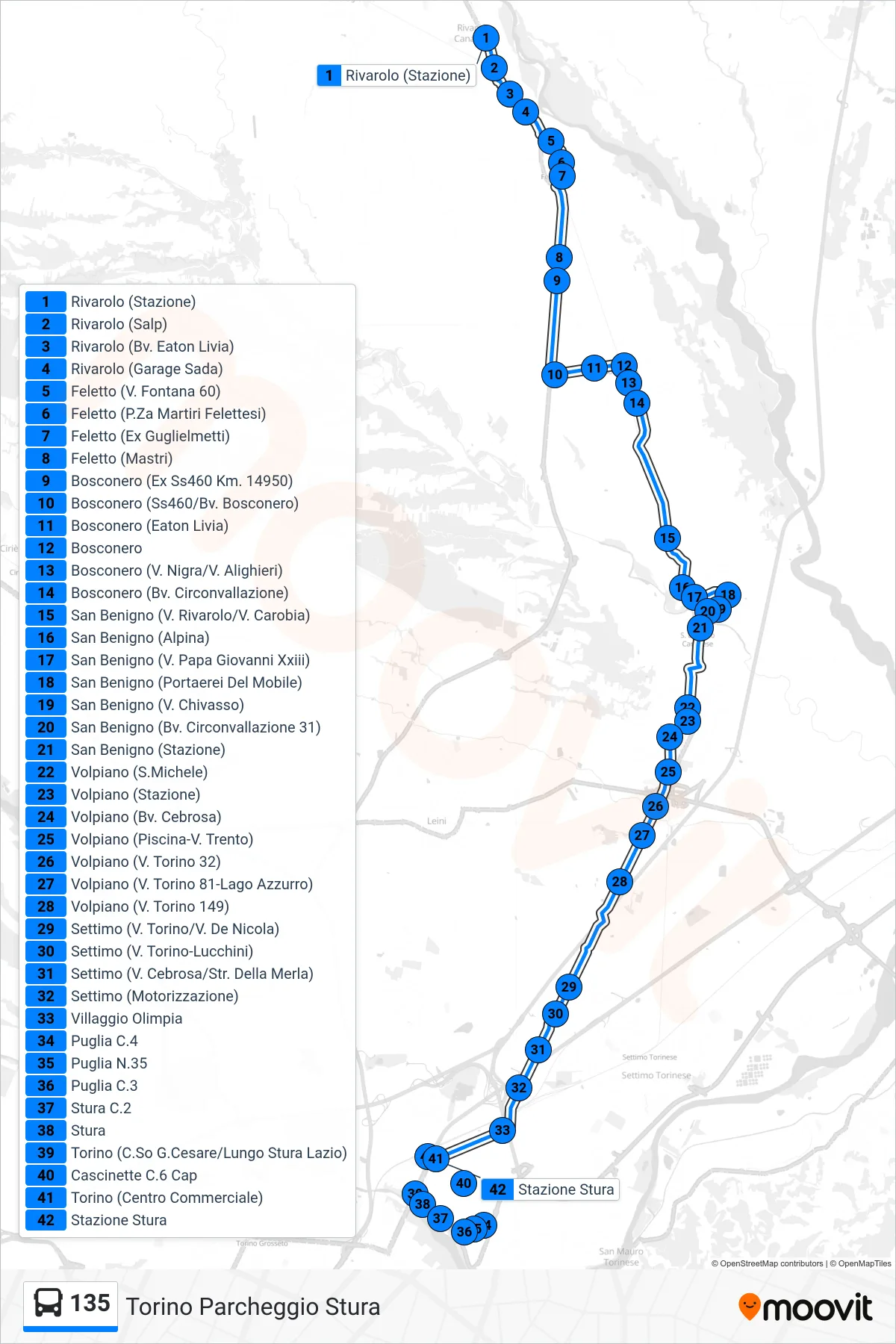 Linea 135  bus (Torino Parcheggio Stura) - Percorsi e fermate sulla mappa