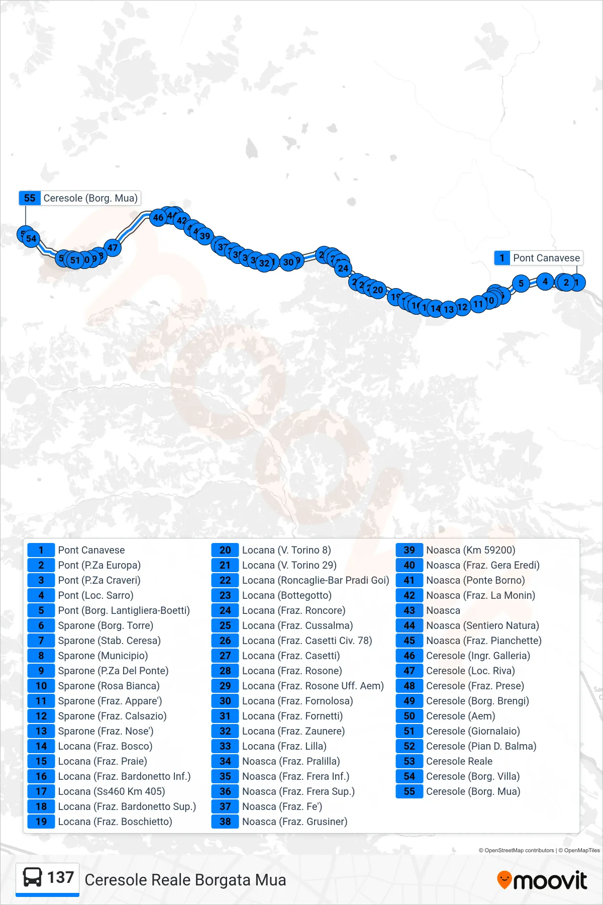 Linea 137 bus (Ceresole Reale Borgata Mua) - Percorsi e fermate sulla mappa