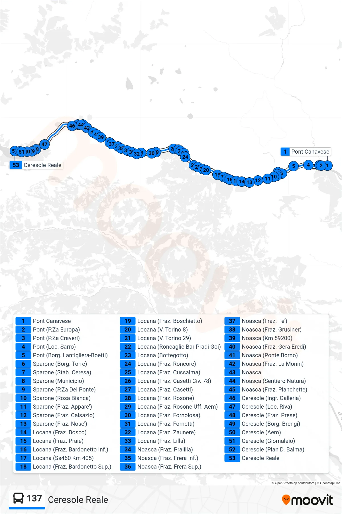 Linea 137 bus (Ceresole Reale) - Percorsi e fermate sulla mappa