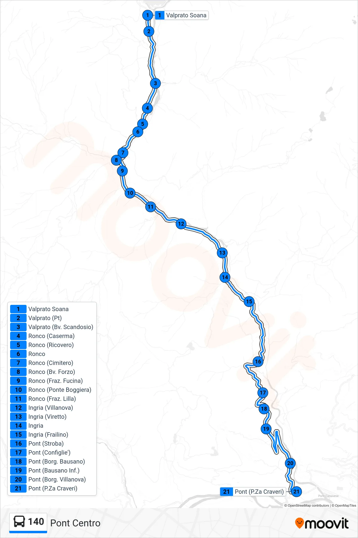Linea 140  bus (Pont Centro) - Percorsi e fermate sulla mappa