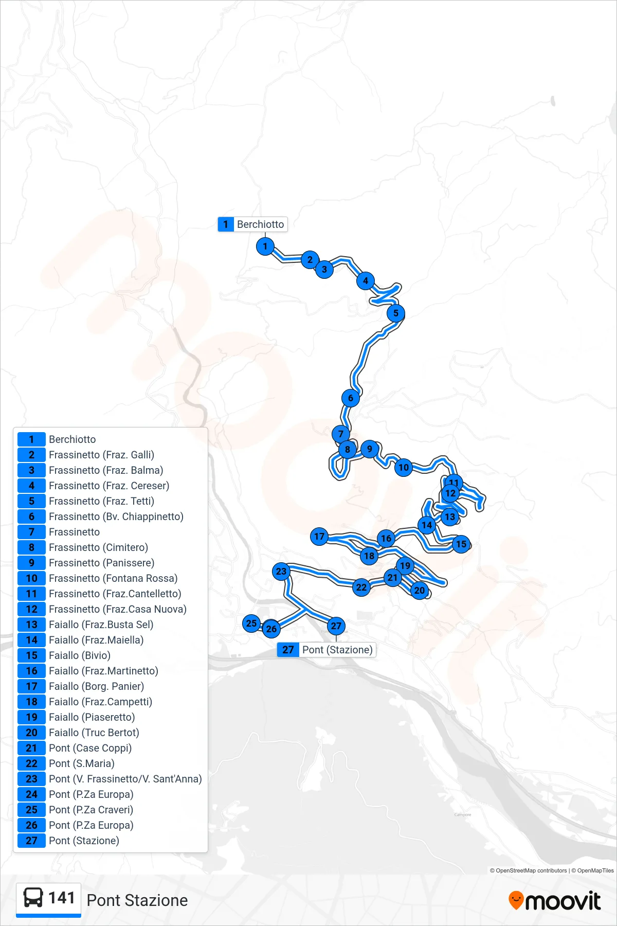 Linea 141  bus (Pont Stazione) - Percorsi e fermate sulla mappa