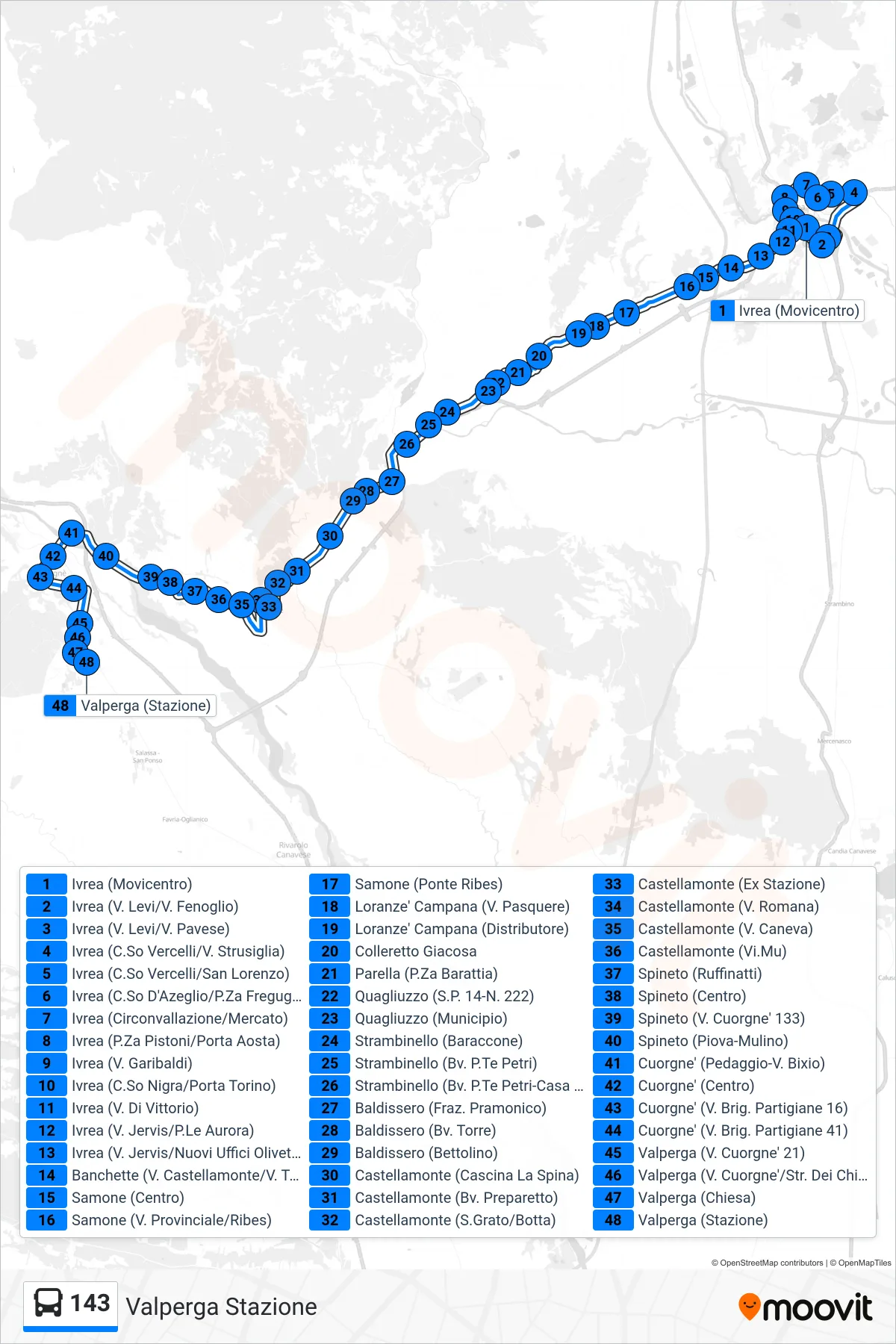 Linea 143 bus (Valperga Stazione) - Percorsi e fermate sulla mappa