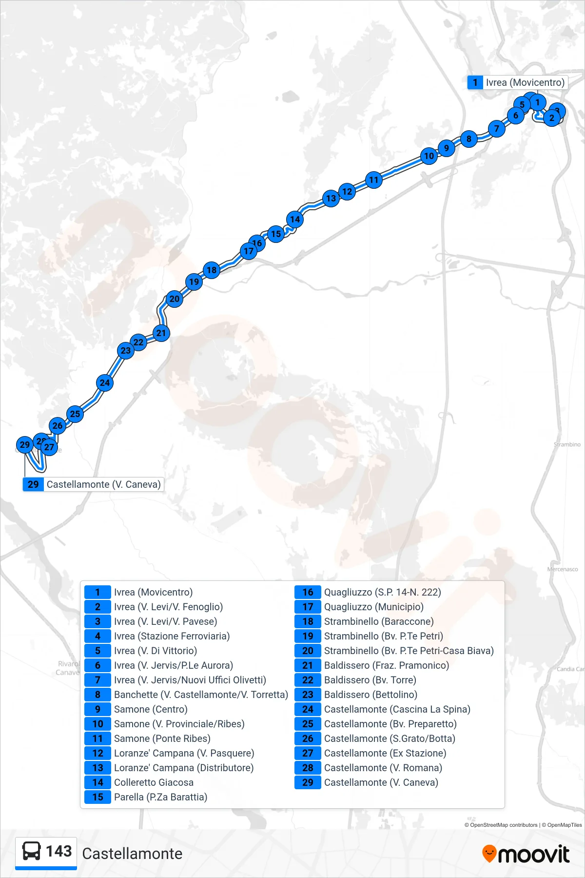 Linea 143  bus (Castellamonte) - Percorsi e fermate sulla mappa