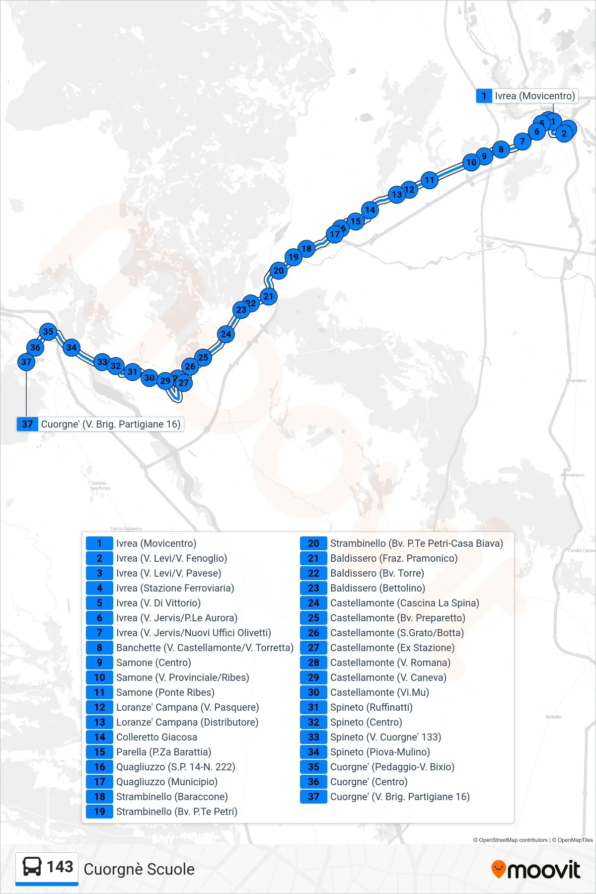 Linea 143  bus (Cuorgnè Scuole) - Percorsi e fermate sulla mappa