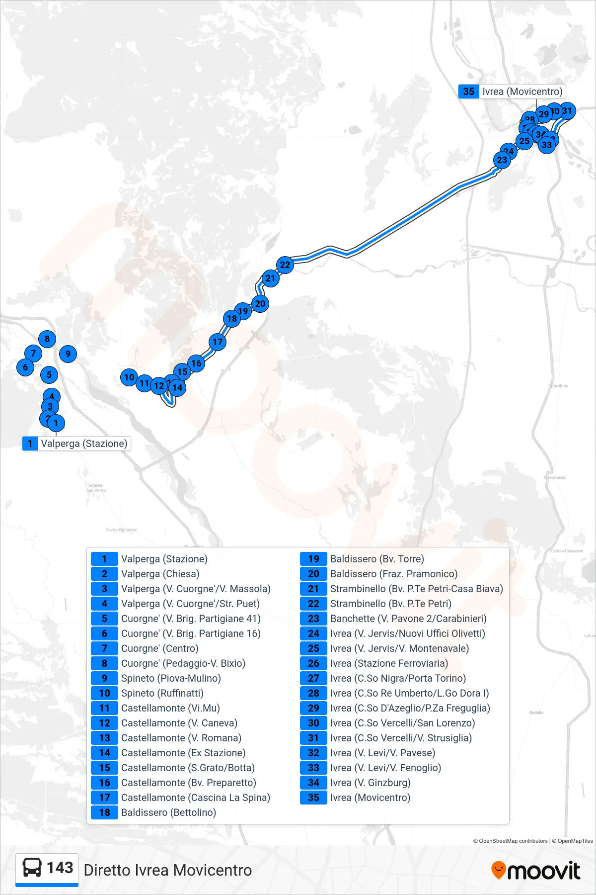 Linea 143  bus (Diretto Ivrea Movicentro) - Percorsi e fermate sulla mappa