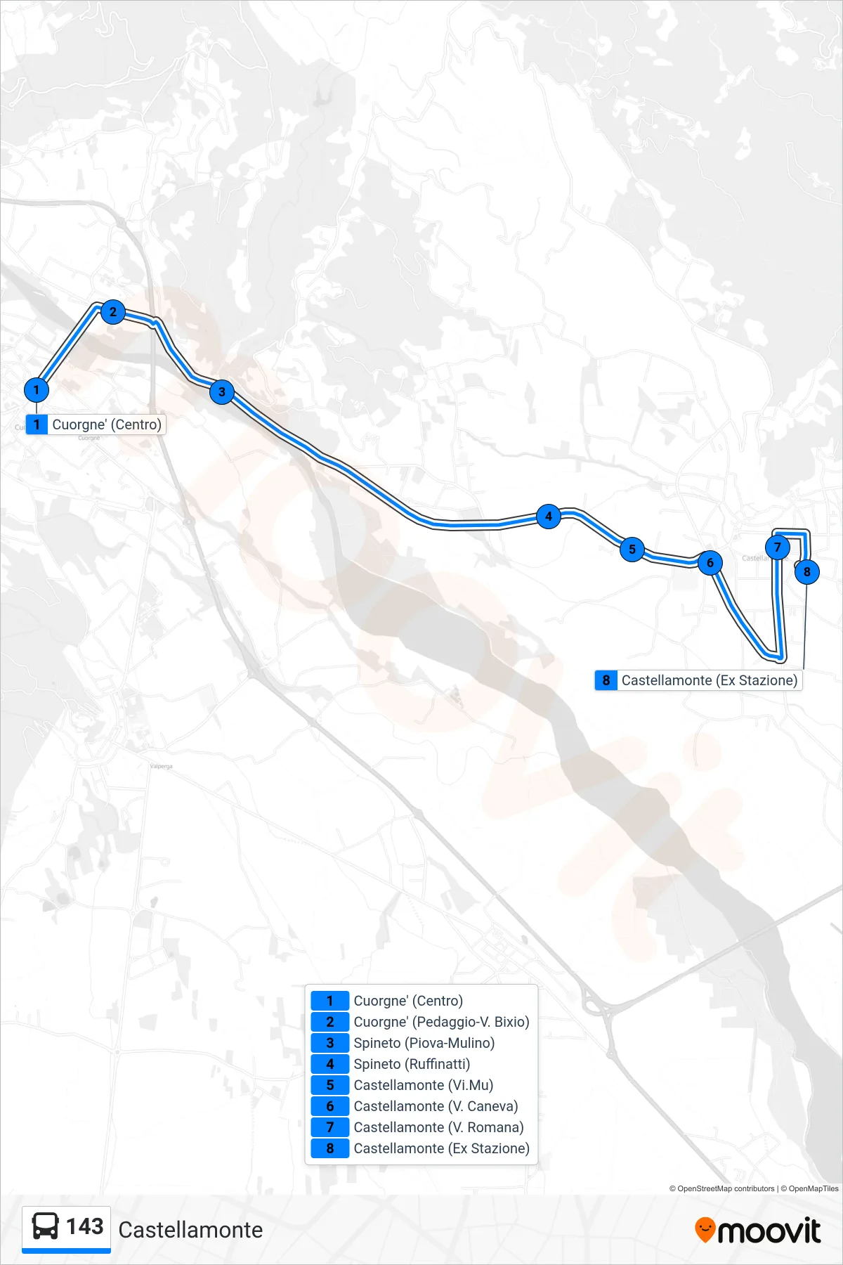 Linea 143 bus (Castellamonte) - Percorsi e fermate sulla mappa