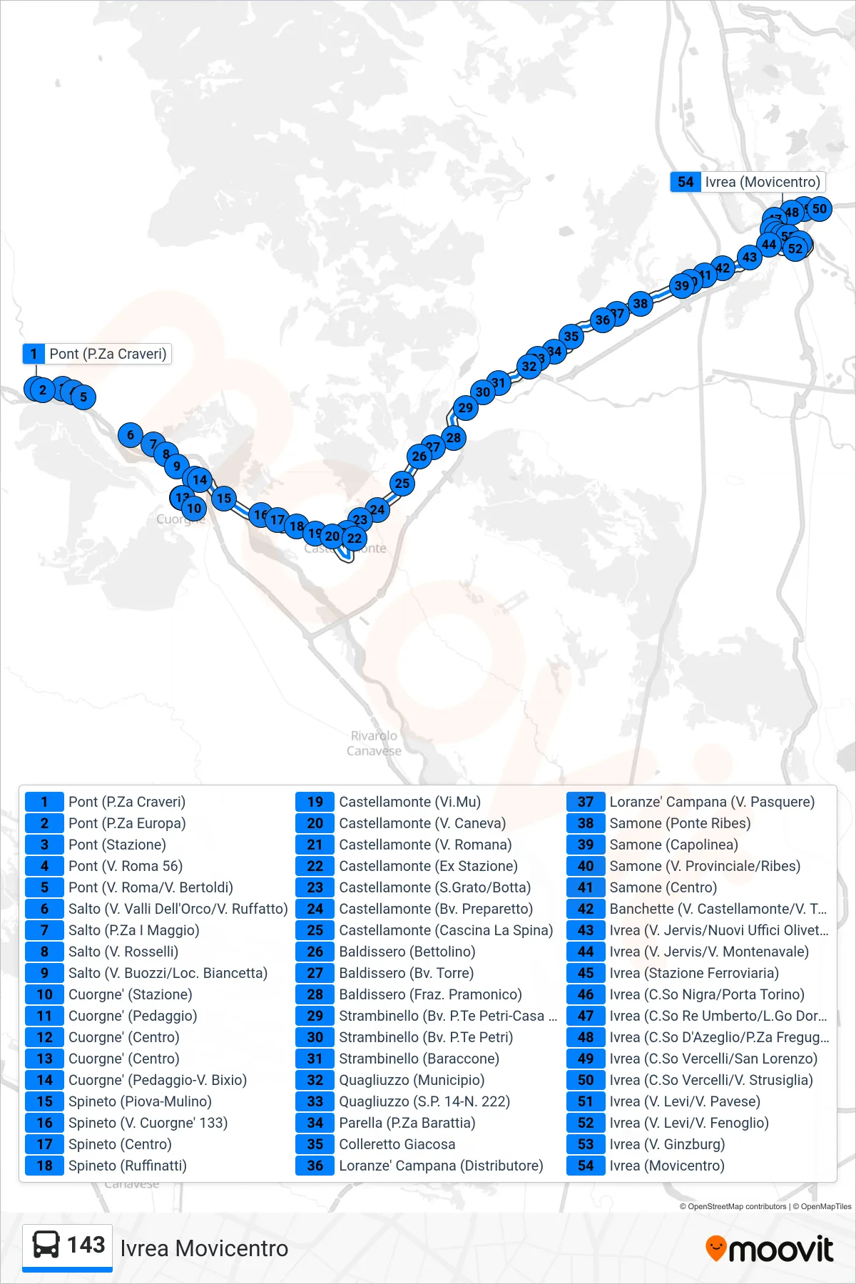 Linea 143 bus (Ivrea Movicentro) - Percorsi e fermate sulla mappa