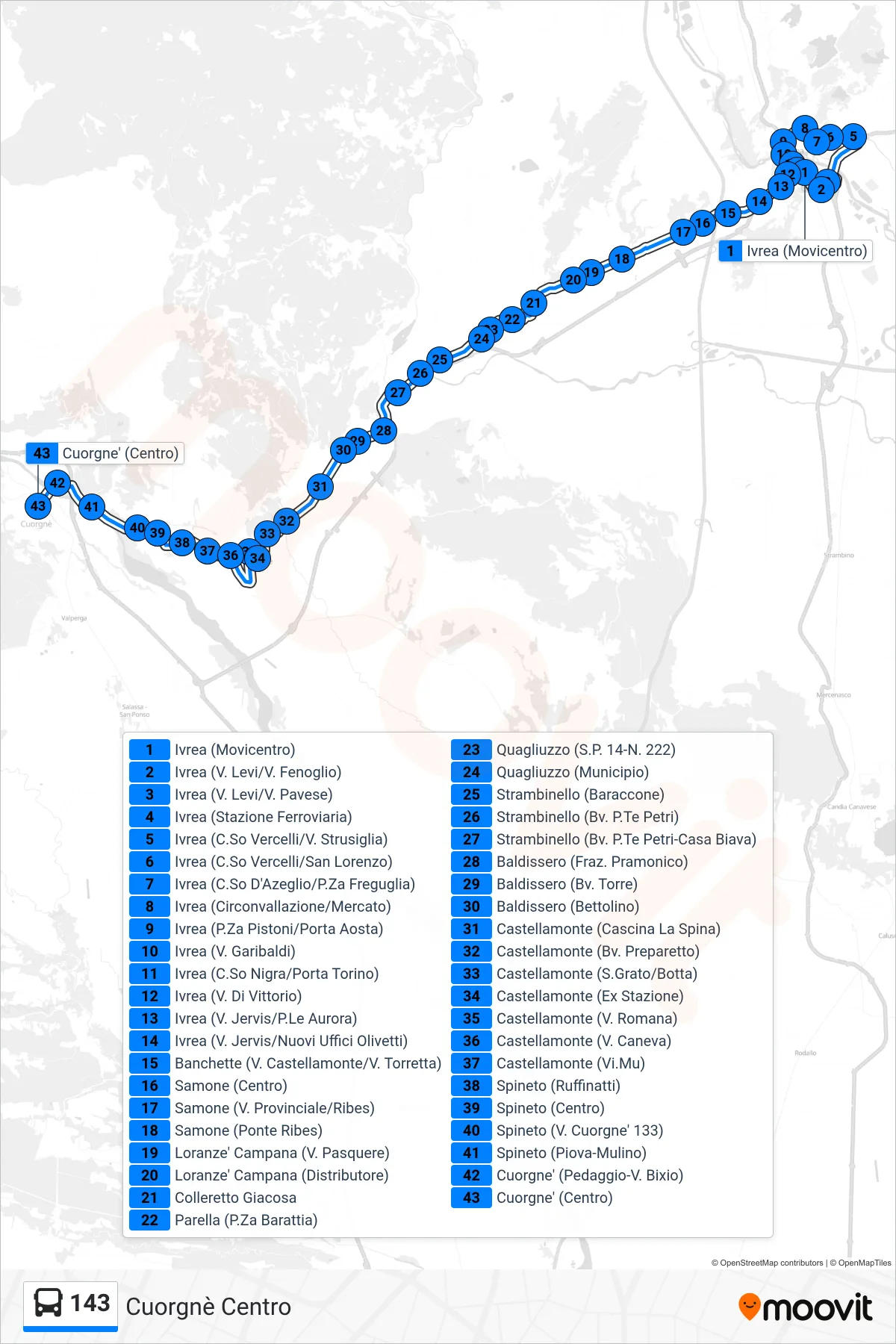 Linea 143 bus (Cuorgnè Centro) - Percorsi e fermate sulla mappa