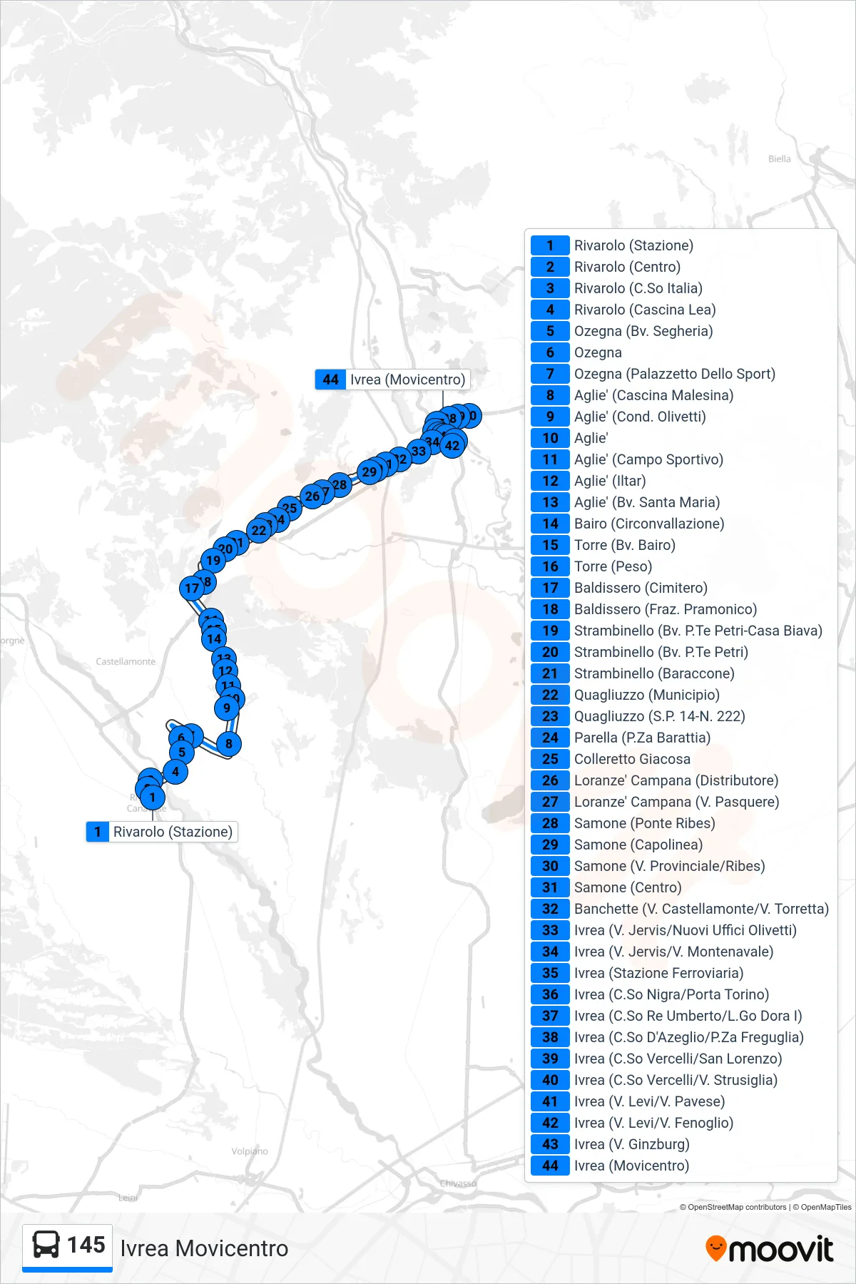 Linea 145  bus (Ivrea Movicentro) - Percorsi e fermate sulla mappa