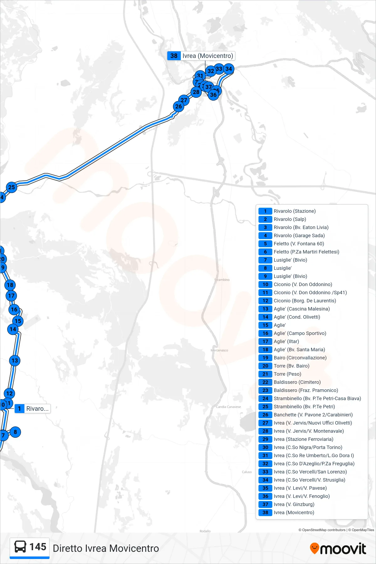 Linea 145 bus (Diretto Ivrea Movicentro) - Percorsi e fermate sulla mappa
